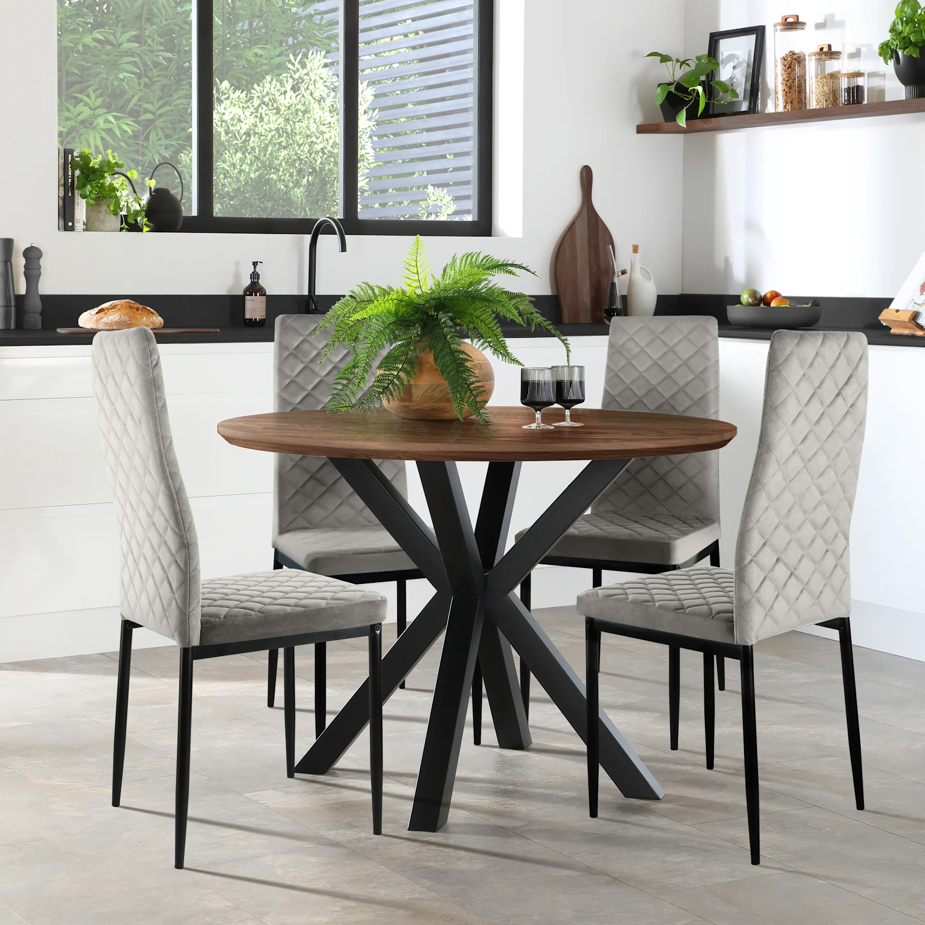 Newark Round Industrial Dining Table & 4 Renzo  Chairs, Walnut Effect & Black Steel, Grey Classic Velvet, 150cm