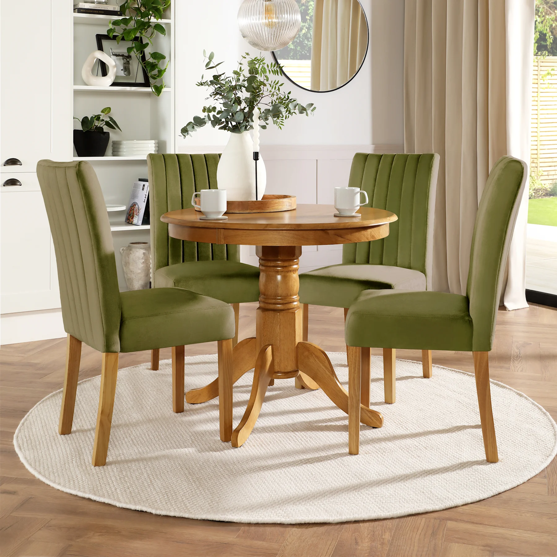 Kingston Round Dining Table & 4 Salisbury Chairs, Natural Oak Finished Solid Hardwood, Olive Green Classic Plush Fabric, 90cm