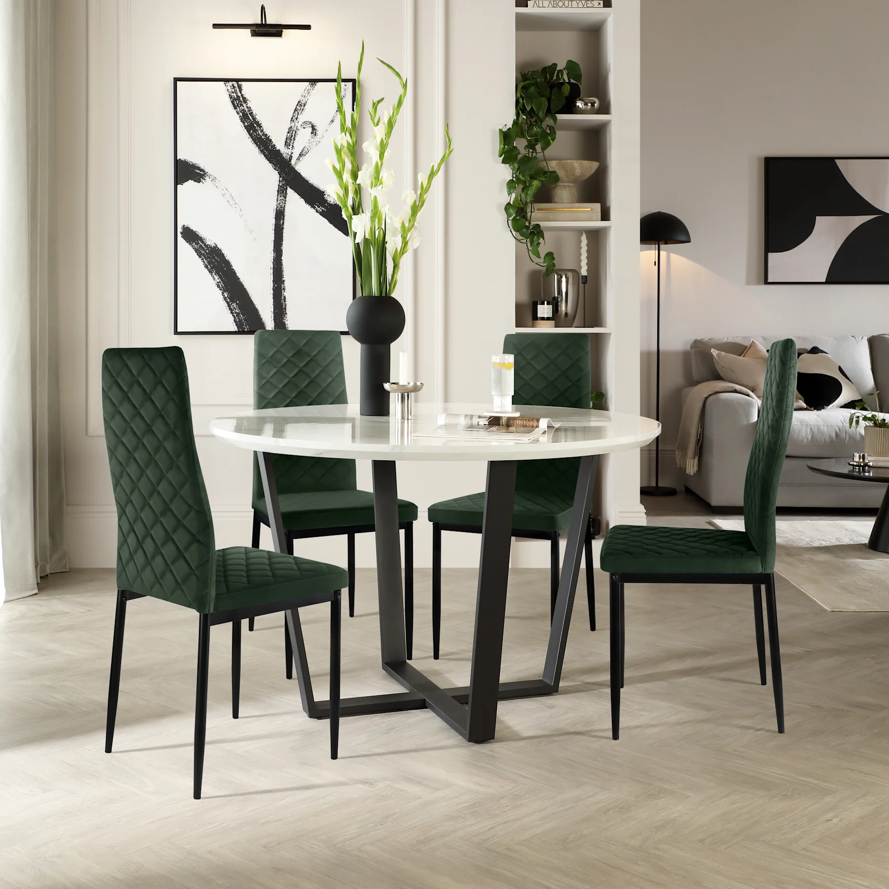 Traviso Round Dining Table & 4 Renzo Chairs, White Marble Effect & Black Steel, Moss Green Classic Velvet, 120cm