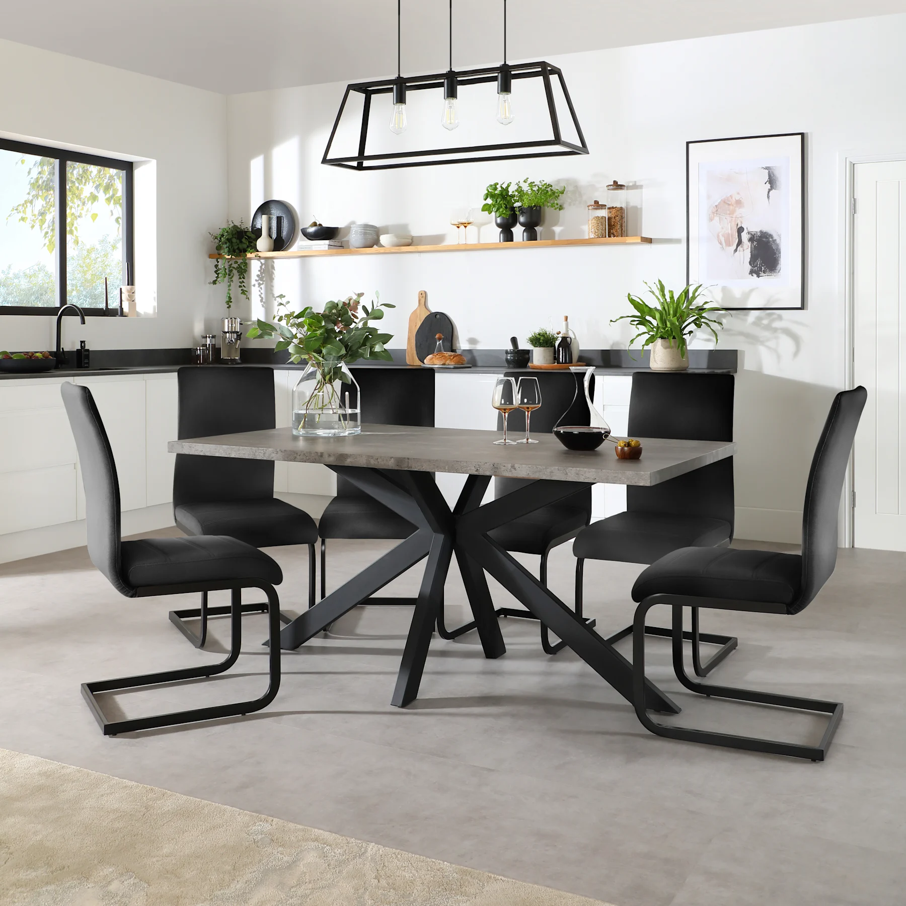 Madison Industrial Dining Table & 6 Perth Chairs, Grey Concrete Effect & Black Steel, Black Classic Velvet, 160cm