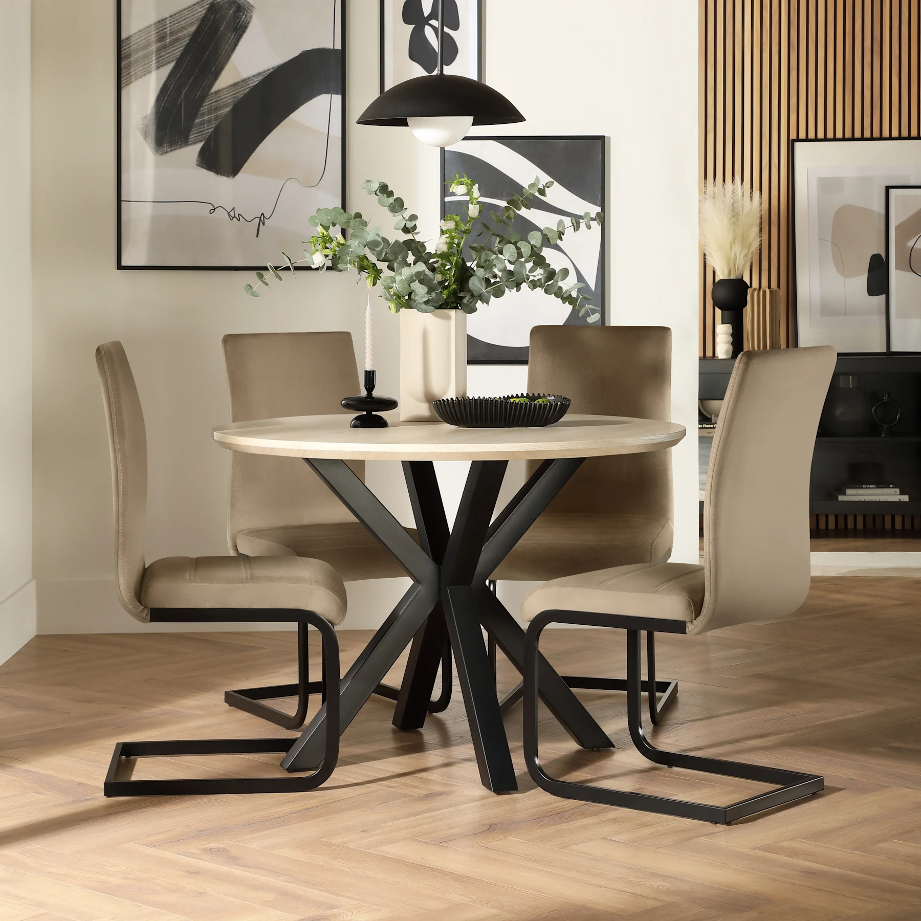 Newark Round Dining Table & 2 Perth Chairs, Light Oak Effect & Black Steel, Beige Classic Velvet, 110cm