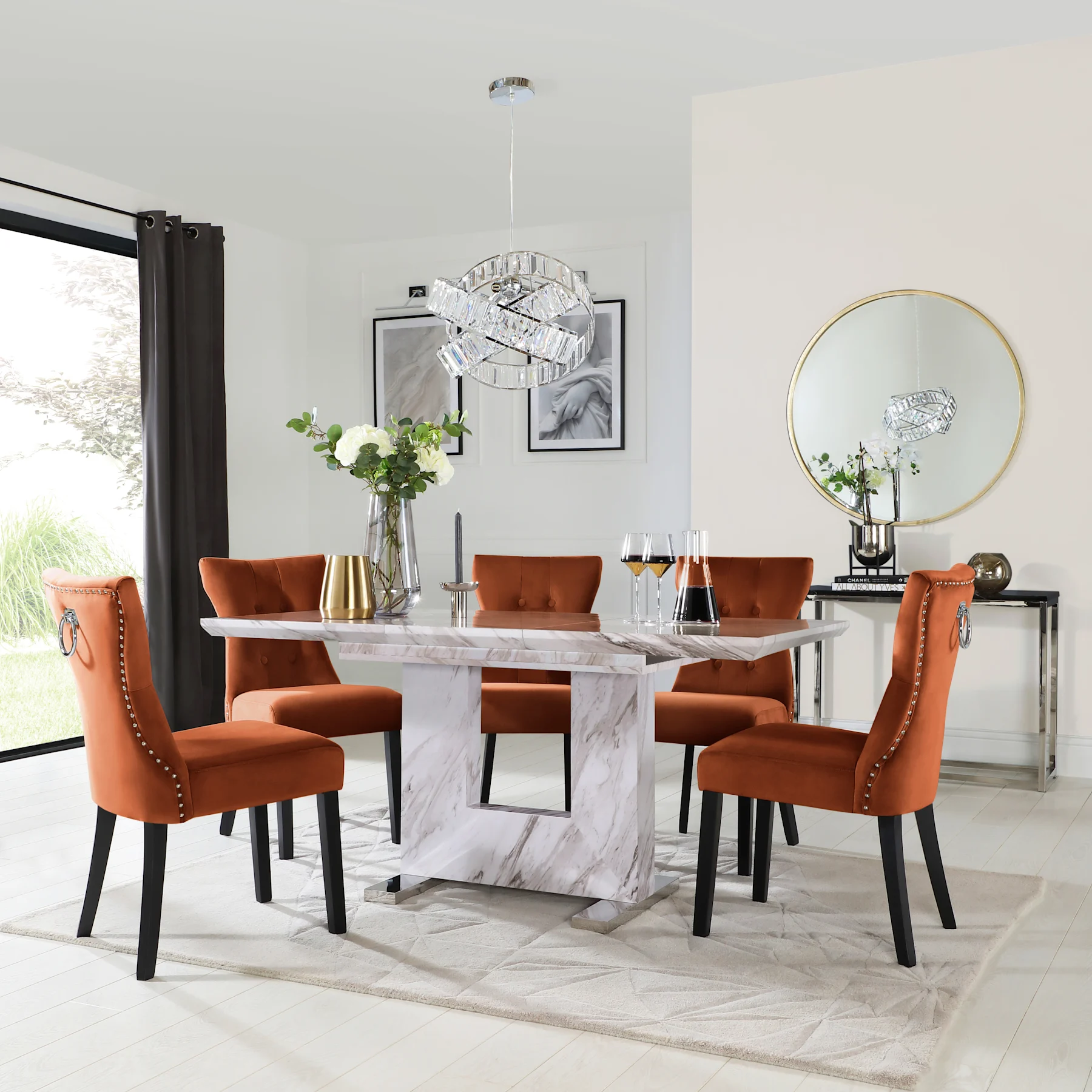 Florence Extending Dining Table & 6 Kensington Chairs, Grey Marble Effect, Burnt Orange Classic Velvet & Black Solid Hardwood, 120-160cm