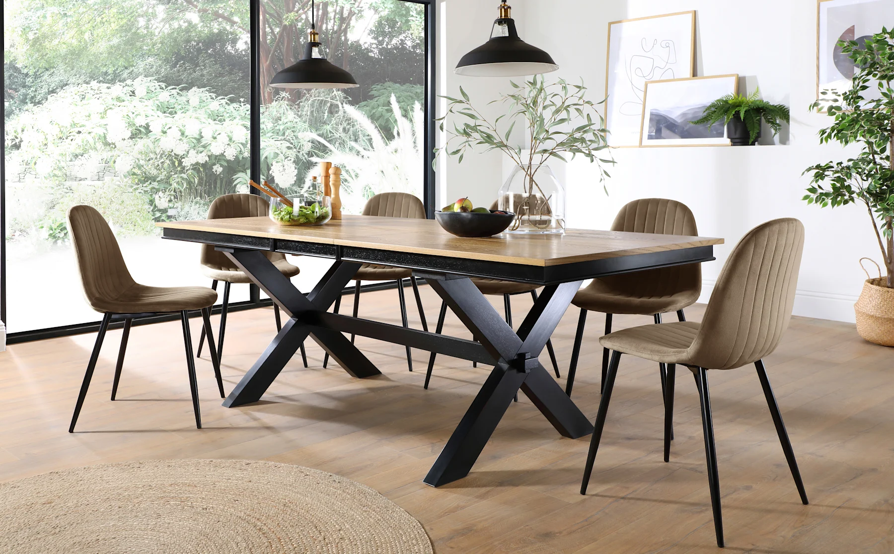 Grange Extending Dining Table & 6 Brooklyn Chairs, Natural Oak Veneer & Black Solid Hardwood, Beige Classic Velvet & Black Steel, 180-220cm