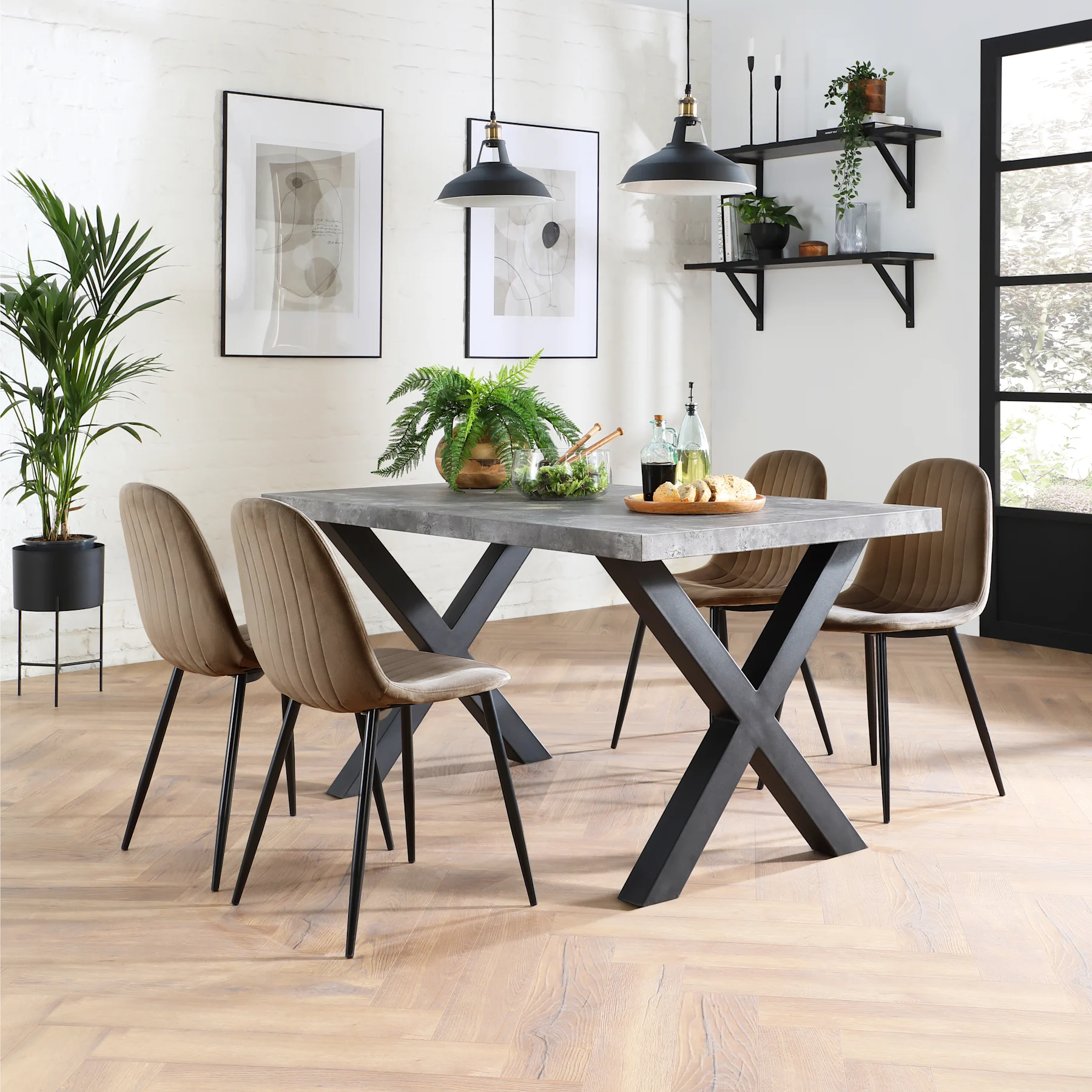 Franklin Dining Table & 4 Brooklyn Chairs, Grey Concrete Effect & Black Steel, Beige Classic Velvet, 150cm
