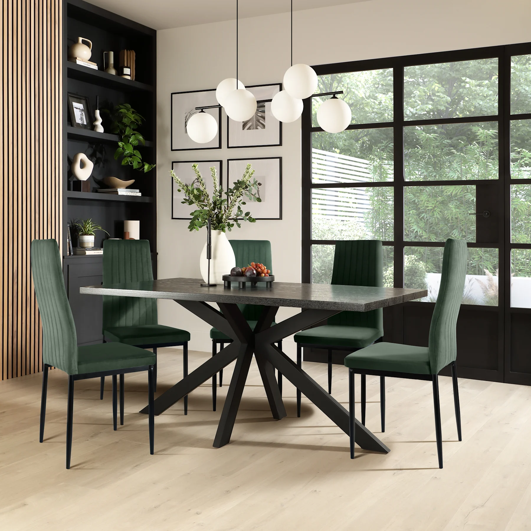 Madison Dining Table & 6 Leon  Chairs, Black Oak Effect & Black Steel, Moss Green Classic Velvet, 150cm