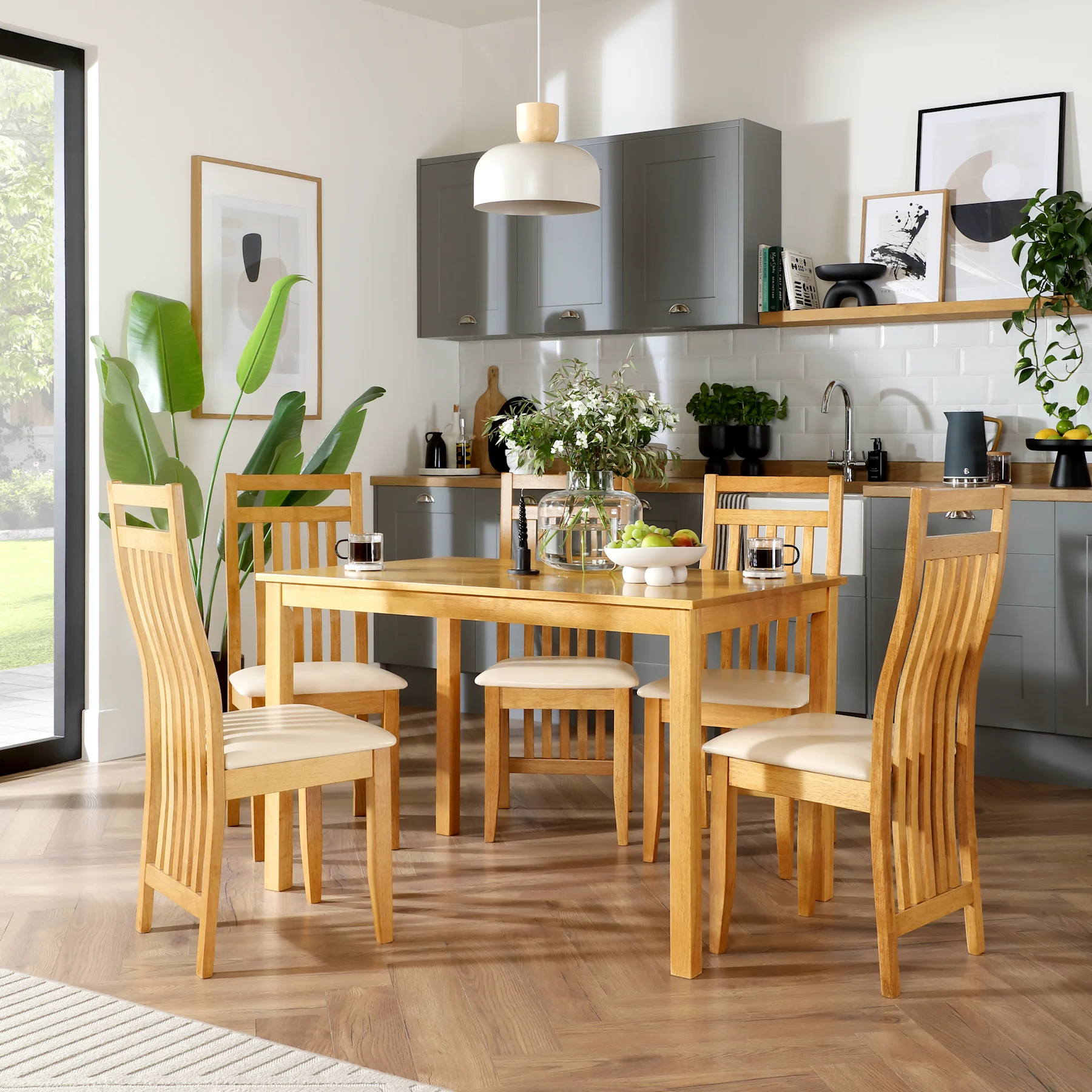 Milton Dining Table & 4 Bali Chairs, Natural Oak Finished Solid Hardwood, Ivory Classic Faux Leather, 120cm