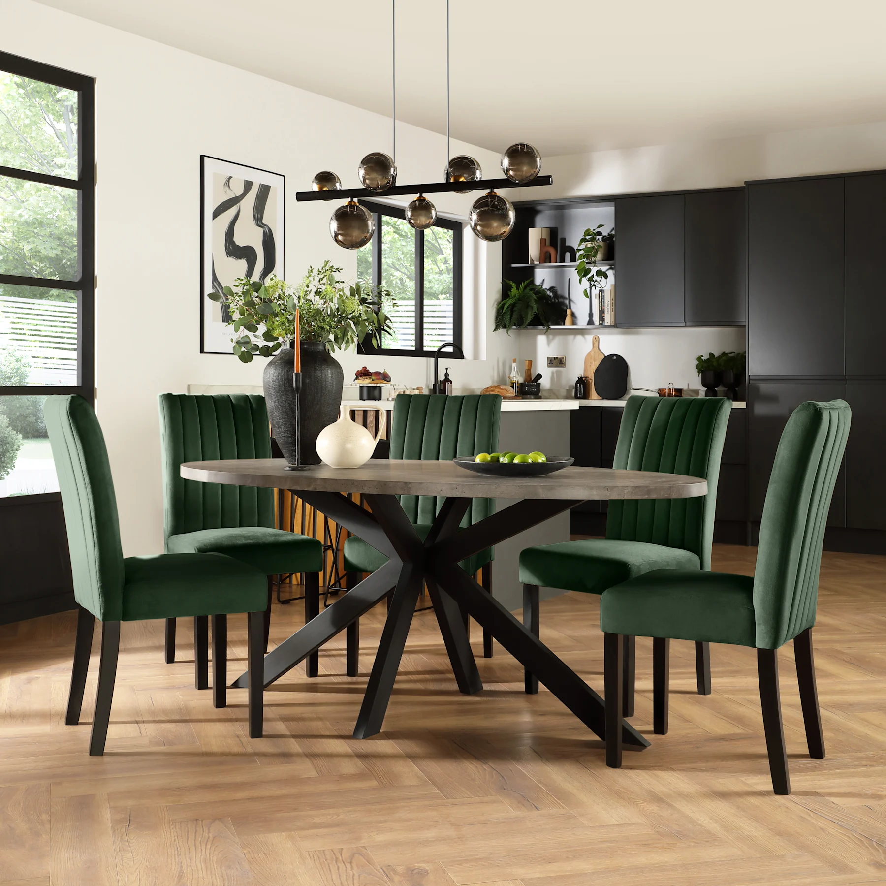 Madison Oval Industrial Dining Table & 4 Salisbury Chairs, Grey Concrete Effect & Black Steel, Moss Green Classic Velvet & Black Solid Hardwood, 180cm