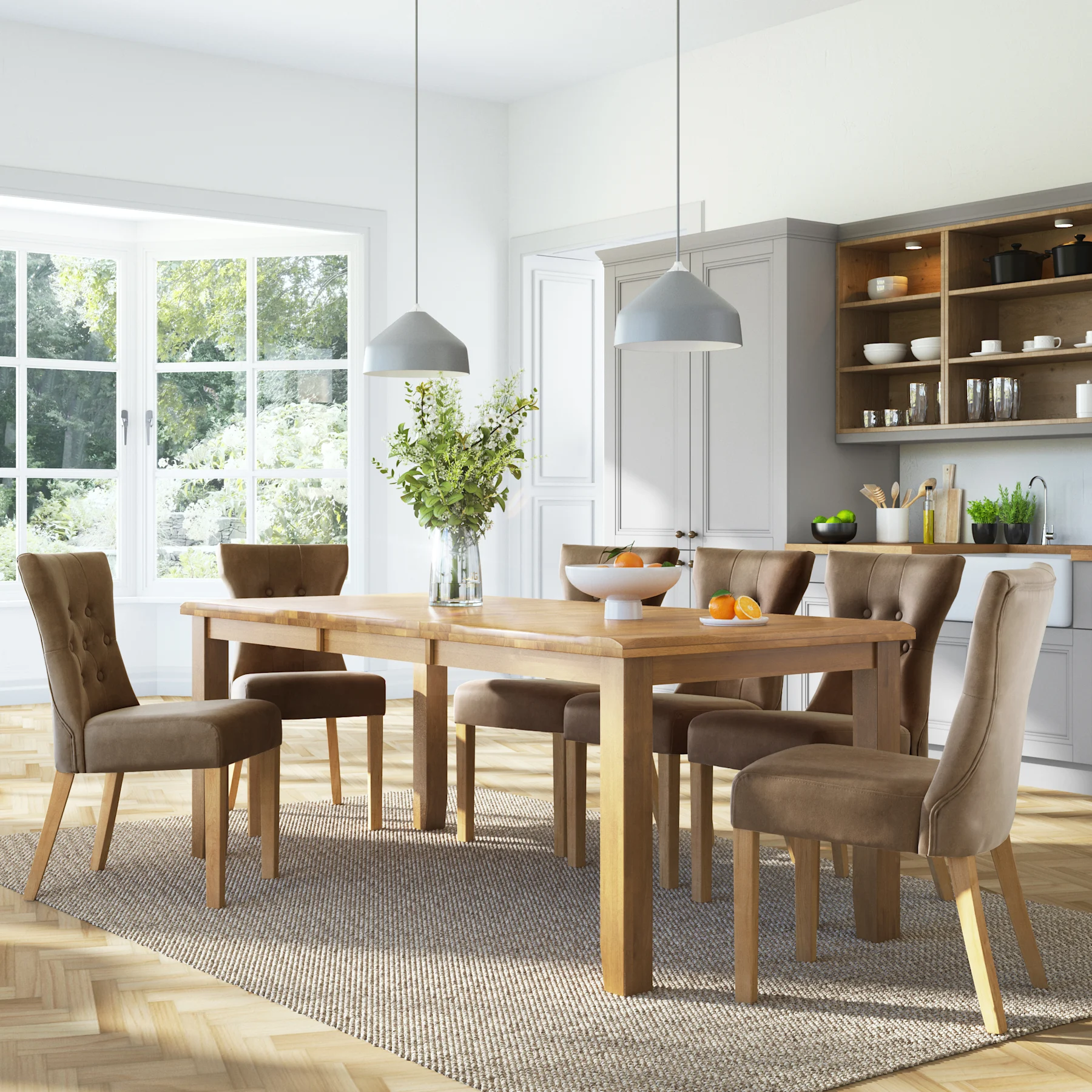 Highbury Extending Dining Table & 8 Bewley Chairs, Natural Oak Finished Solid Hardwood, Beige Classic Velvet, 150-200cm