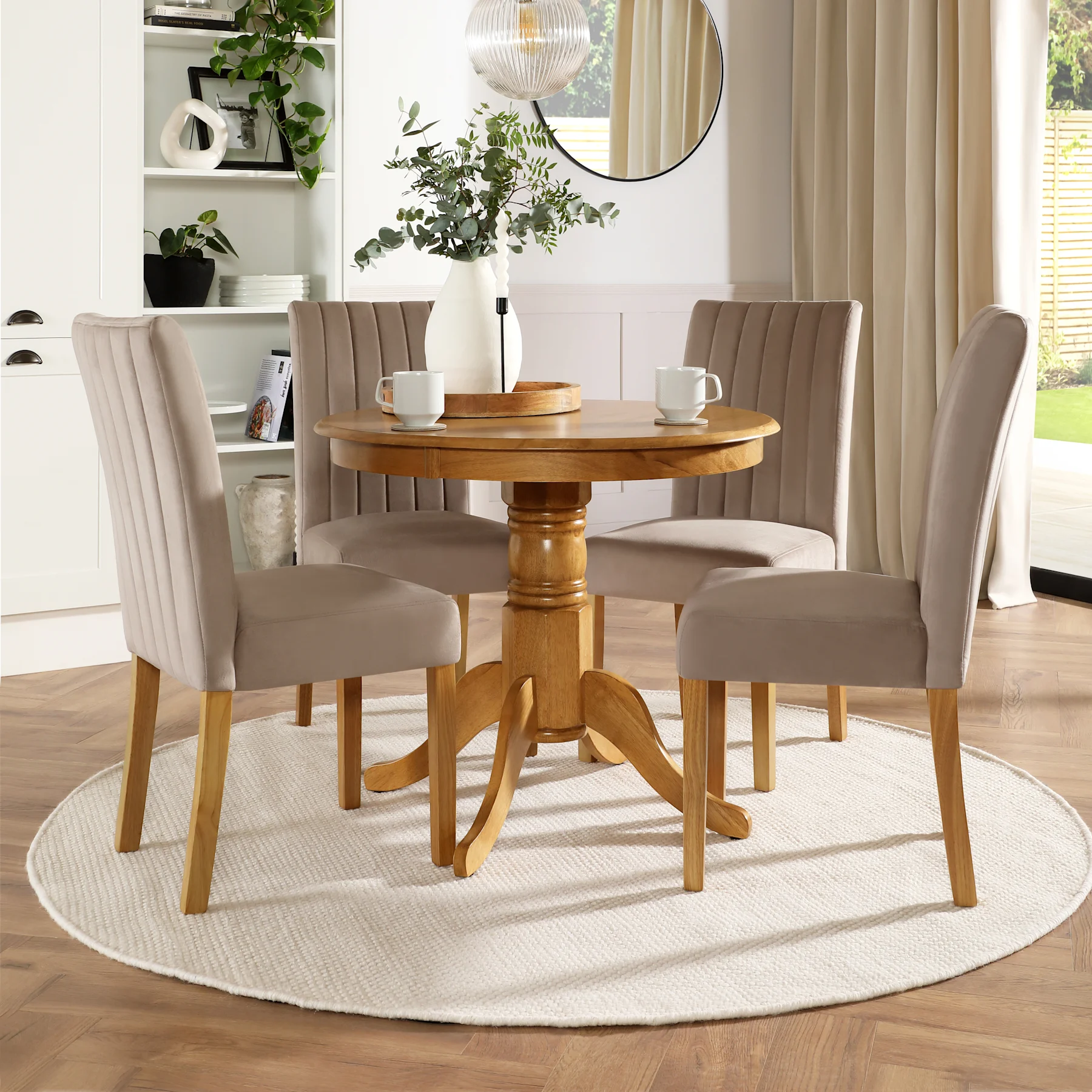 Kingston Round Dining Table & 2 Salisbury Chairs, Natural Oak Finished Solid Hardwood, Beige Classic Plush Fabric, 90cm