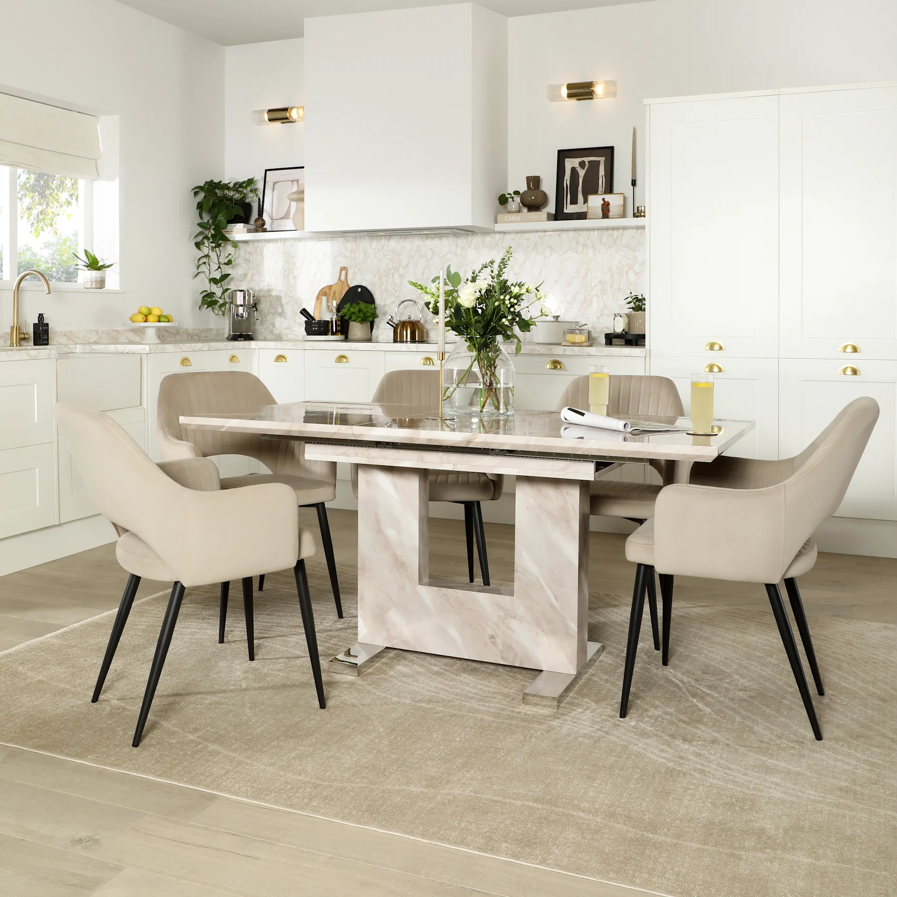 Florence Extending Dining Table & 6 Clara Chairs, Beige Marble Effect, Champagne Classic Velvet & Black Steel, 120-160cm