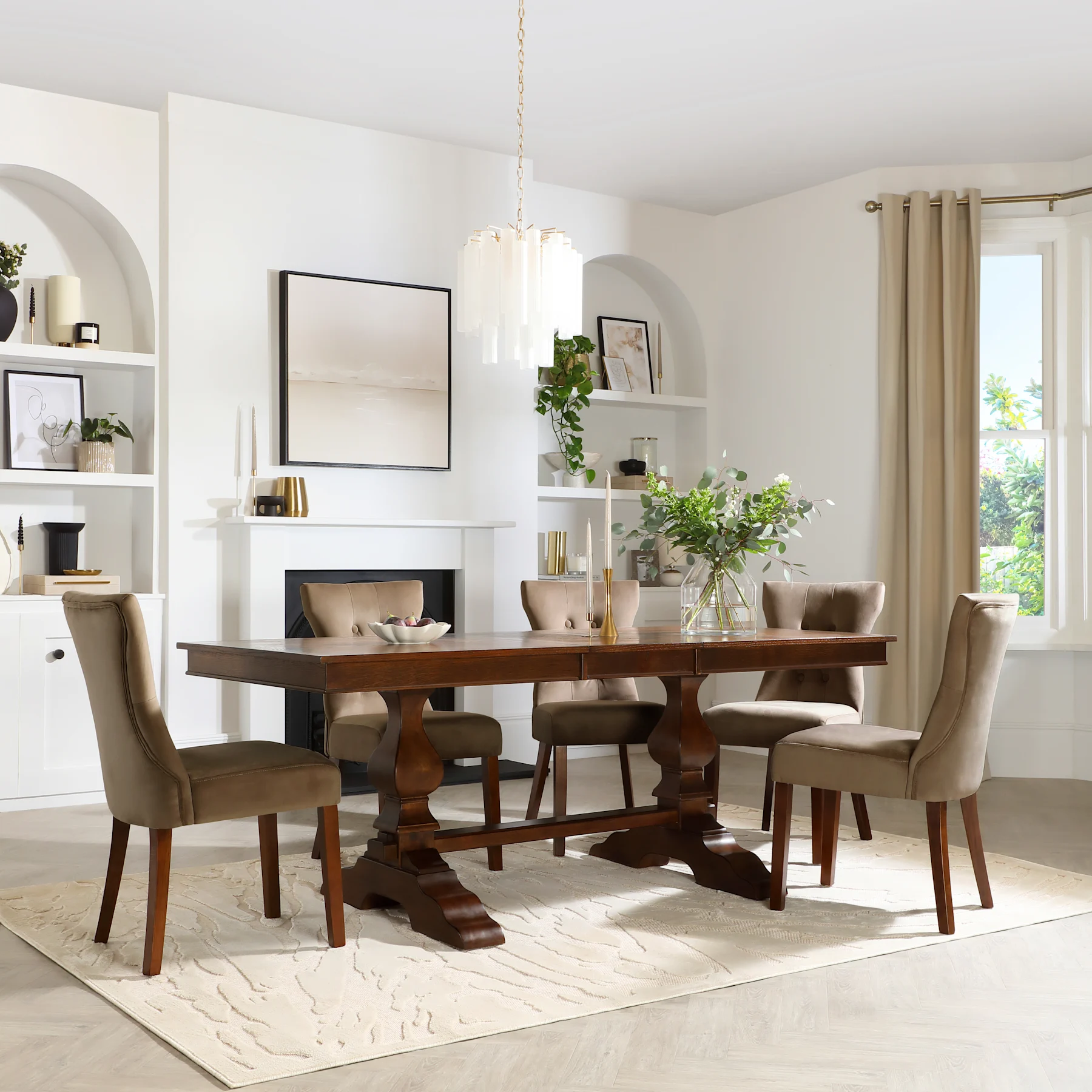 Cavendish Extending Dining Table & 4 Bewley Chairs, Dark Oak Veneer & Solid Hardwood, Beige Classic Velvet & Dark Finished Solid Hardwood, 160-200cm