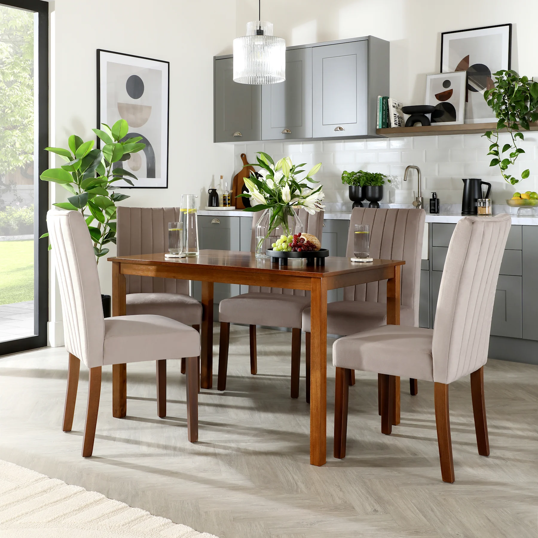 Milton Dining Table & 6 Salisbury Chairs, Dark Solid Hardwood, Beige Classic Plush Fabric, 120cm