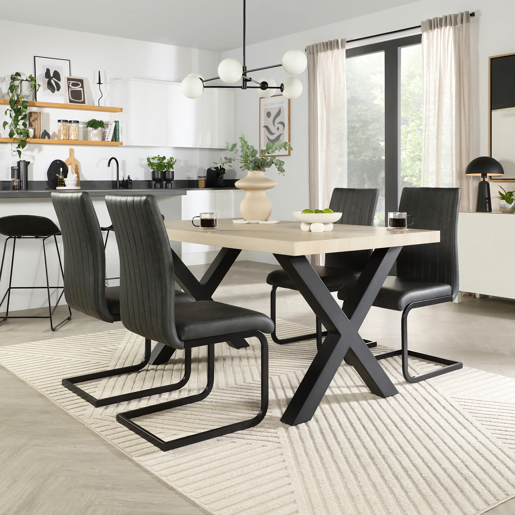 Franklin Dining Table & 4 Perth Chairs, Light Oak Effect & Black Steel, Vintage Grey Premium Faux Leather, 150cm