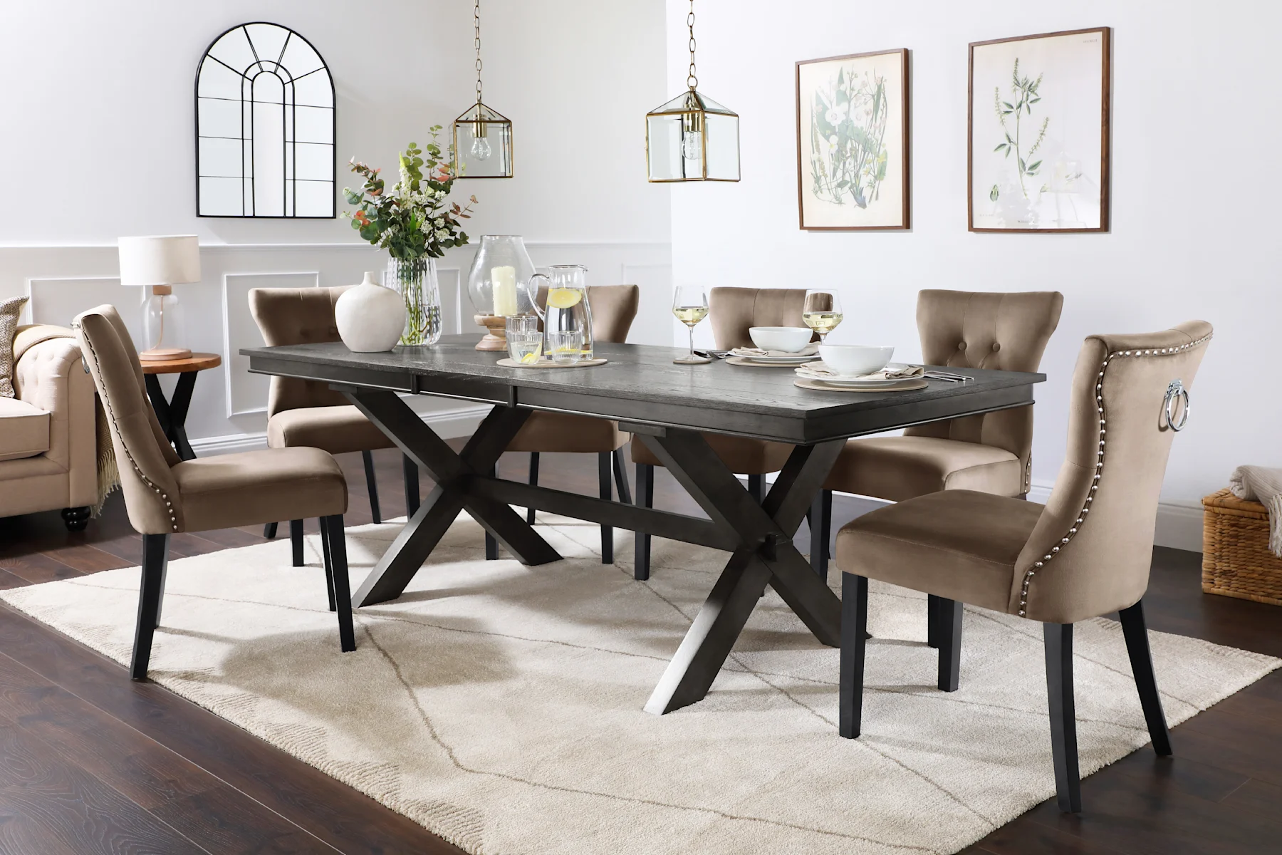 Grange Extending Dining Table & 8 Kensington Chairs, Grey Oak Veneer & Solid Hardwood, Beige Classic Velvet & Black Solid Hardwood, 180-220cm