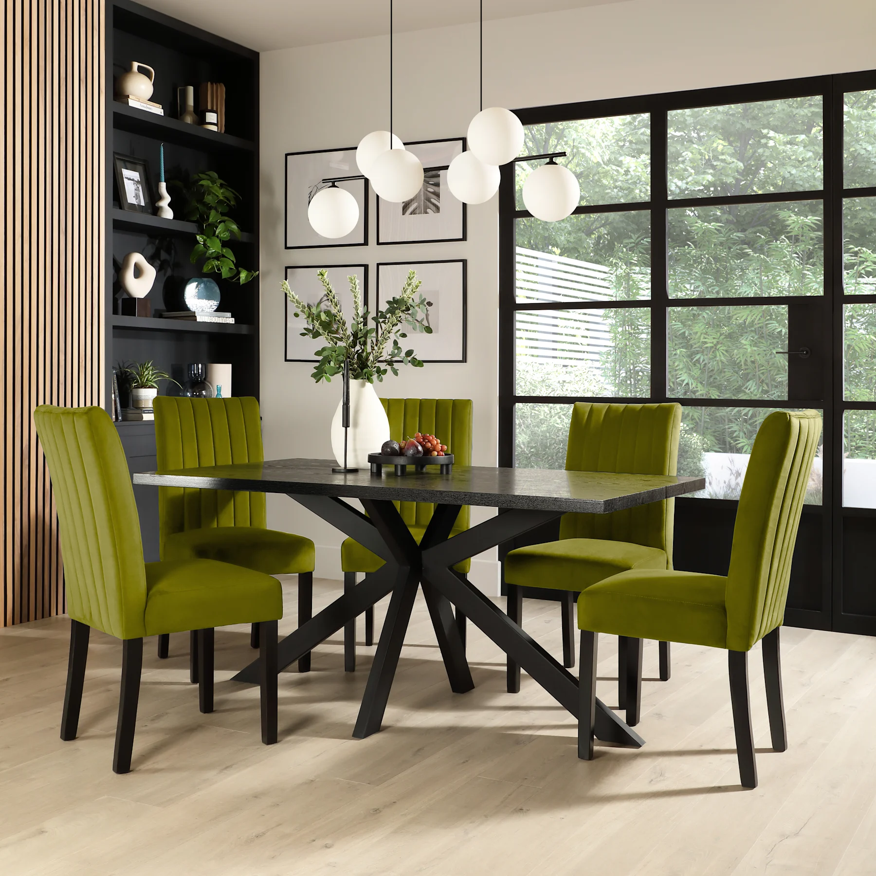 Madison Dining Table & 6 Salisbury Chairs, Black Oak Effect & Black Steel, Olive Green Classic Velvet & Black Solid Hardwood, 160cm