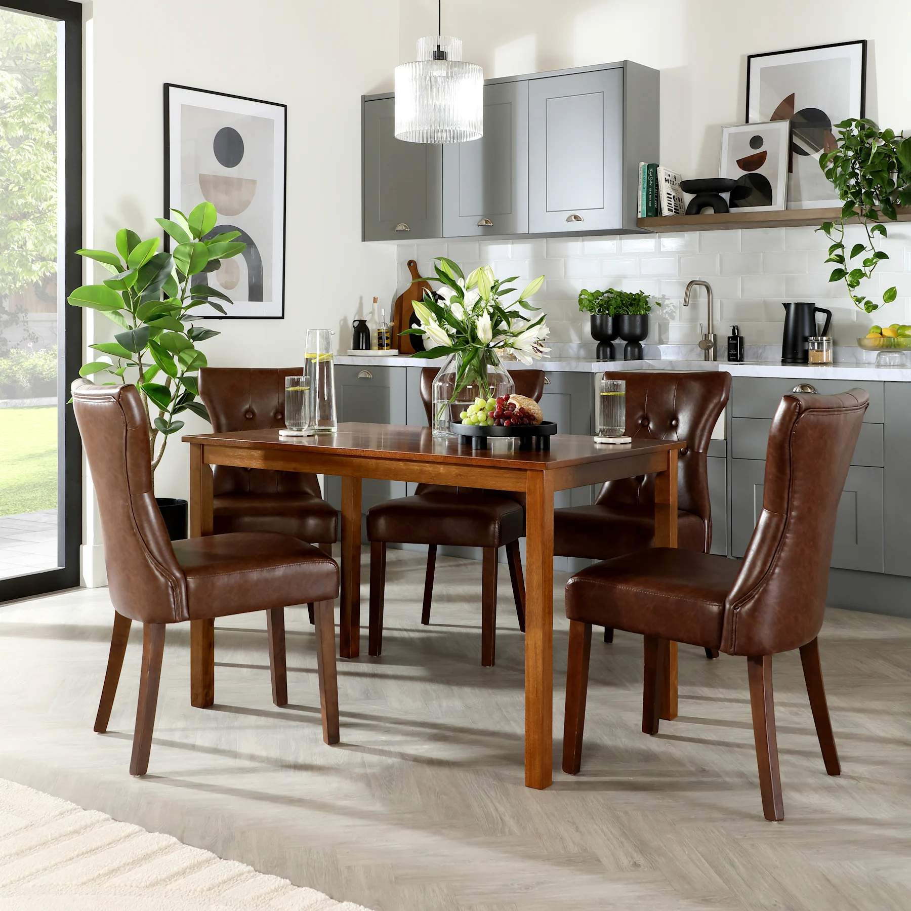 Milton Dining Table & 4 Bewley Chairs, Dark Solid Hardwood, Club Brown Premium Faux Leather, 120cm
