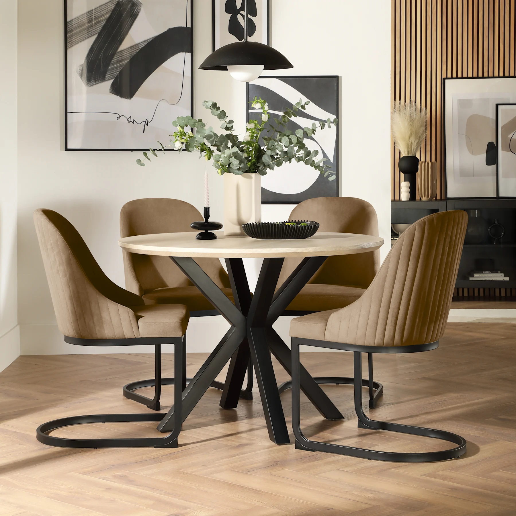 Newark Round Dining Table & 4 Riva Chairs, Light Oak Effect & Black Steel, Beige Classic Velvet, 110cm