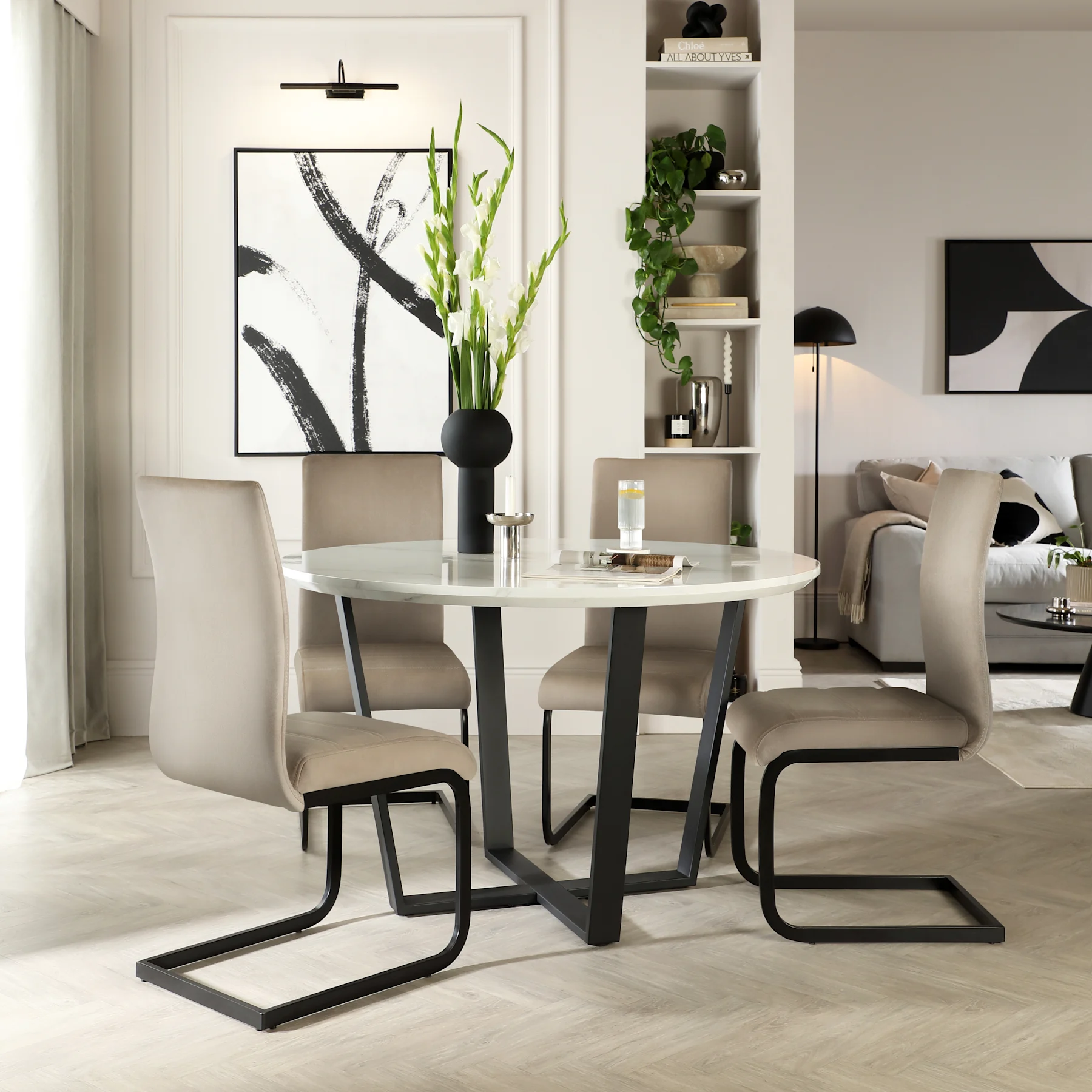 Traviso Round Dining Table & 4 Perth Chairs, White Marble Effect & Black Steel, Champagne Classic Velvet, 120cm
