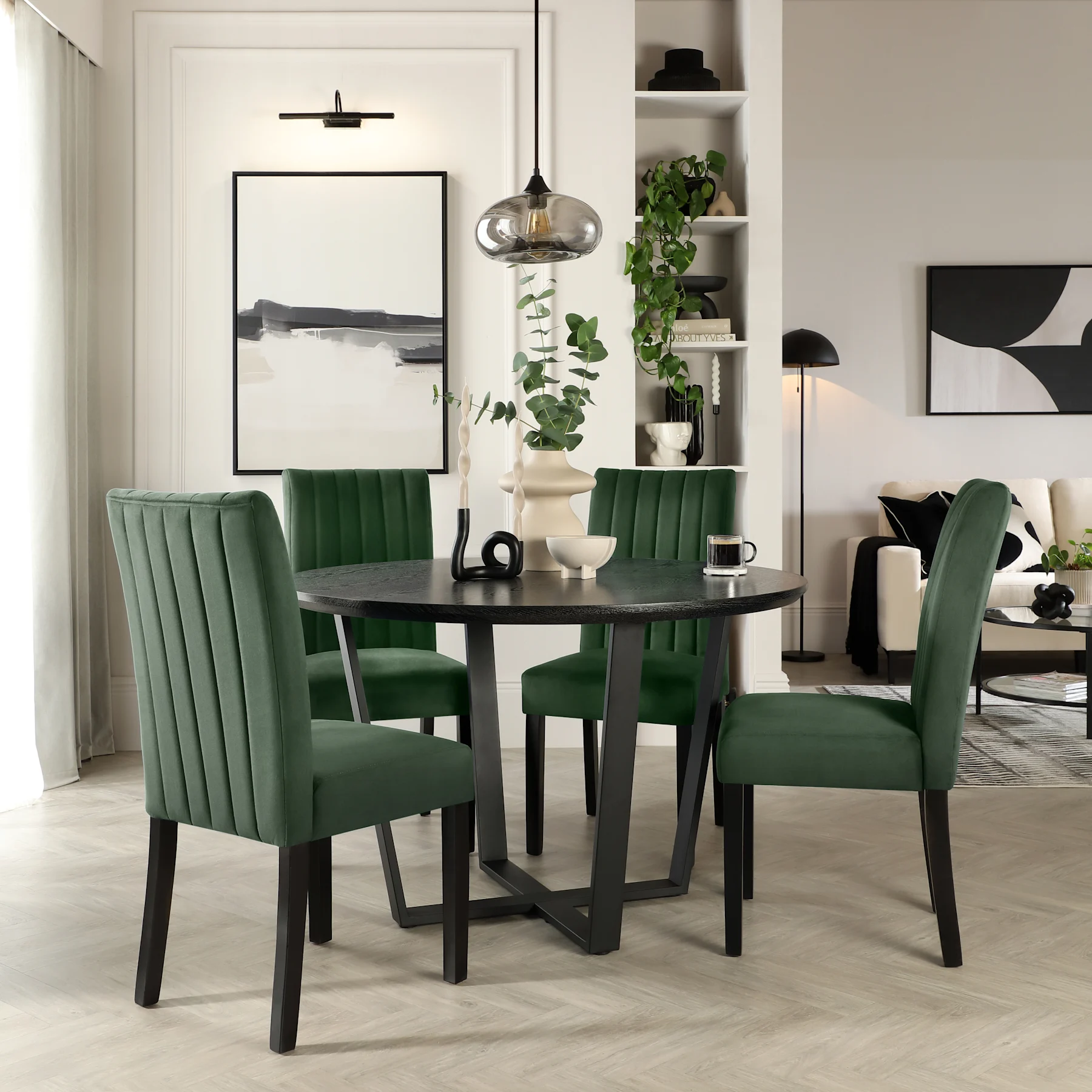 Traviso Round Dining Table & 4 Salisbury Chairs, Black Oak Effect & Black Steel, Moss Green Classic Velvet & Black Solid Hardwood, 120cm