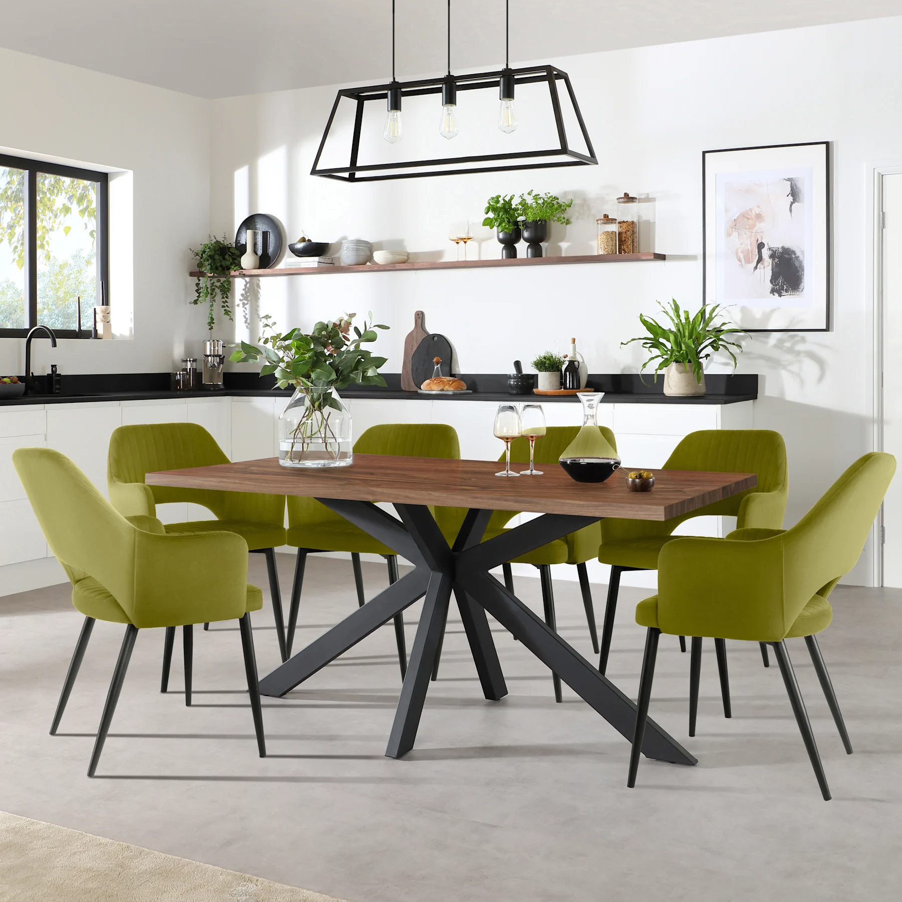 Madison Industrial Dining Table & 4 Clara Chairs, Walnut Effect & Black Steel, Olive Green Classic Velvet, 160cm