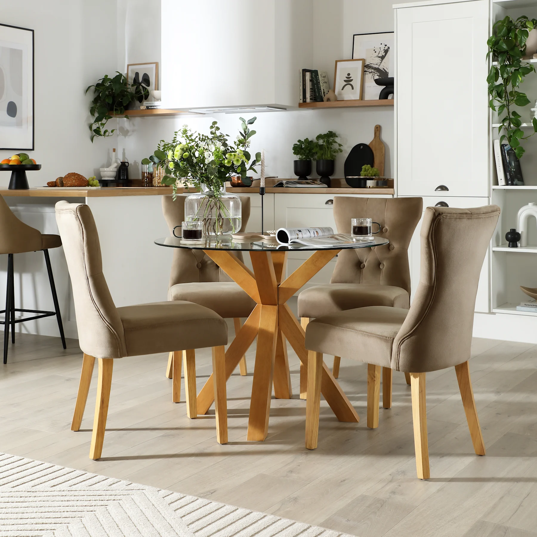 Hatton Round Dining Table & 2 Bewley Chairs, Glass & Natural Oak Finished Solid Hardwood, Beige Classic Velvet, 100cm