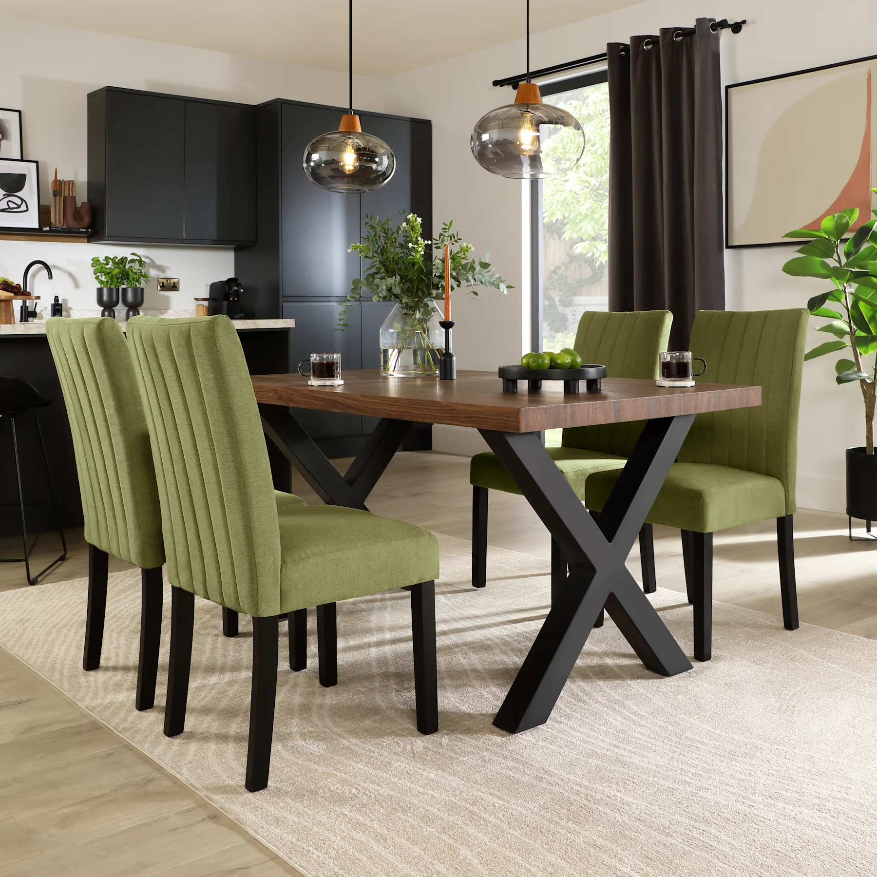 Franklin Industrial Dining Table & 4 Salisbury Chairs, Walnut Effect & Black Steel, Olive Green Classic Plush Fabric & Black Solid Hardwood, 150cm