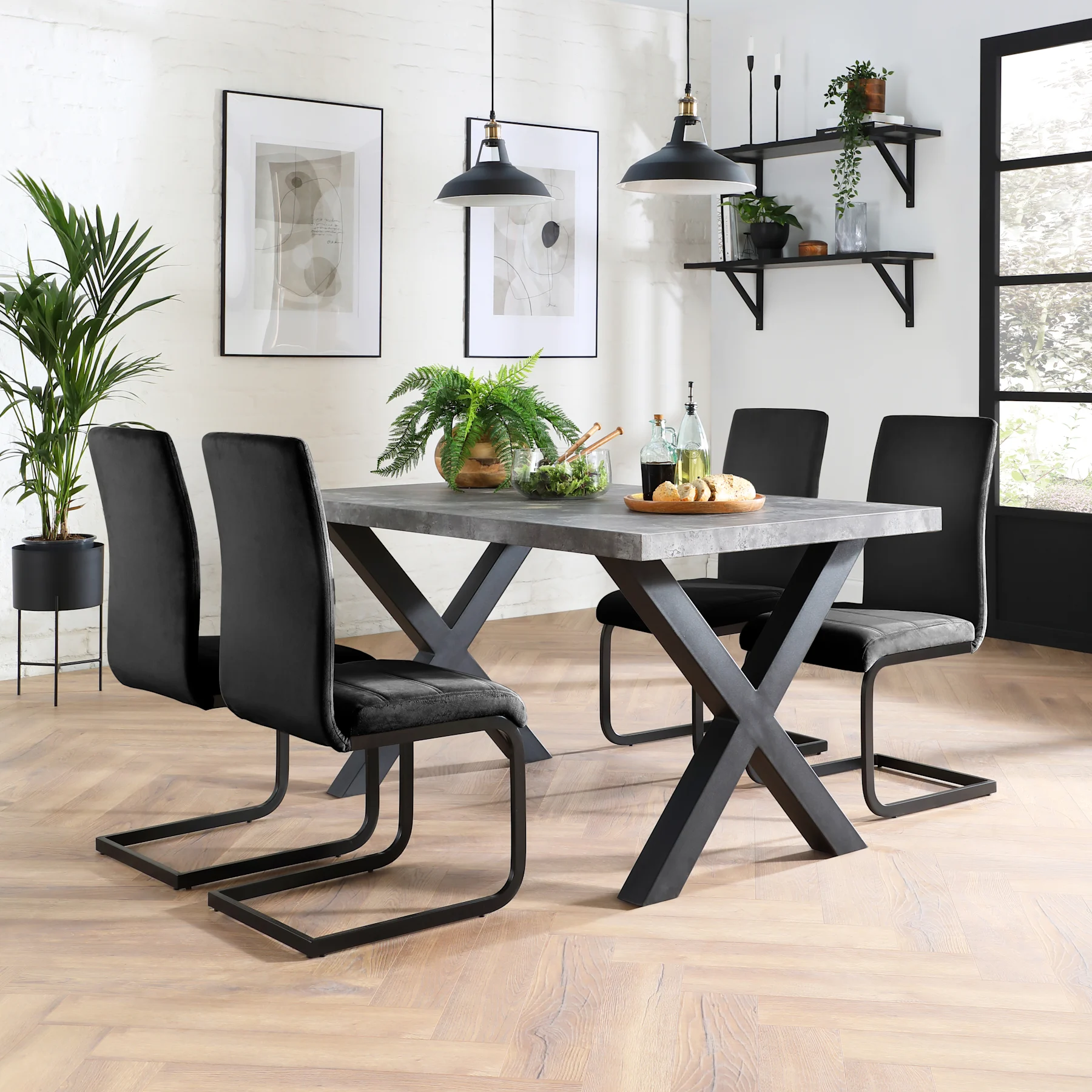 Franklin Industrial Dining Table & 4 Perth Chairs, Grey Concrete Effect & Black Steel, Black Classic Velvet, 150cm