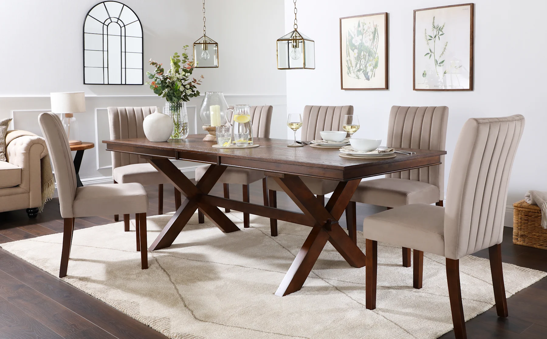 Grange Extending Dining Table & 4 Salisbury Chairs, Dark Oak Veneer & Solid Hardwood, Beige Classic Plush Fabric & Dark Solid Hardwood, 180-220cm