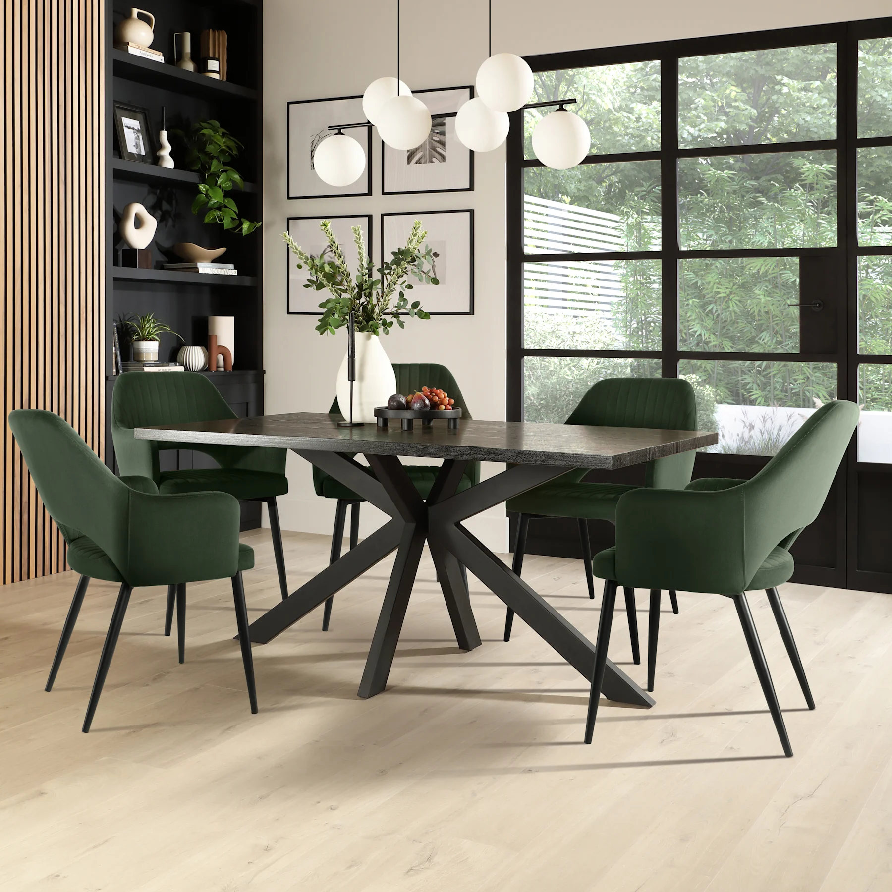 Madison Dining Table & 4 Clara Chairs, Black Oak Effect & Black Steel, Moss Green Classic Velvet, 160cm