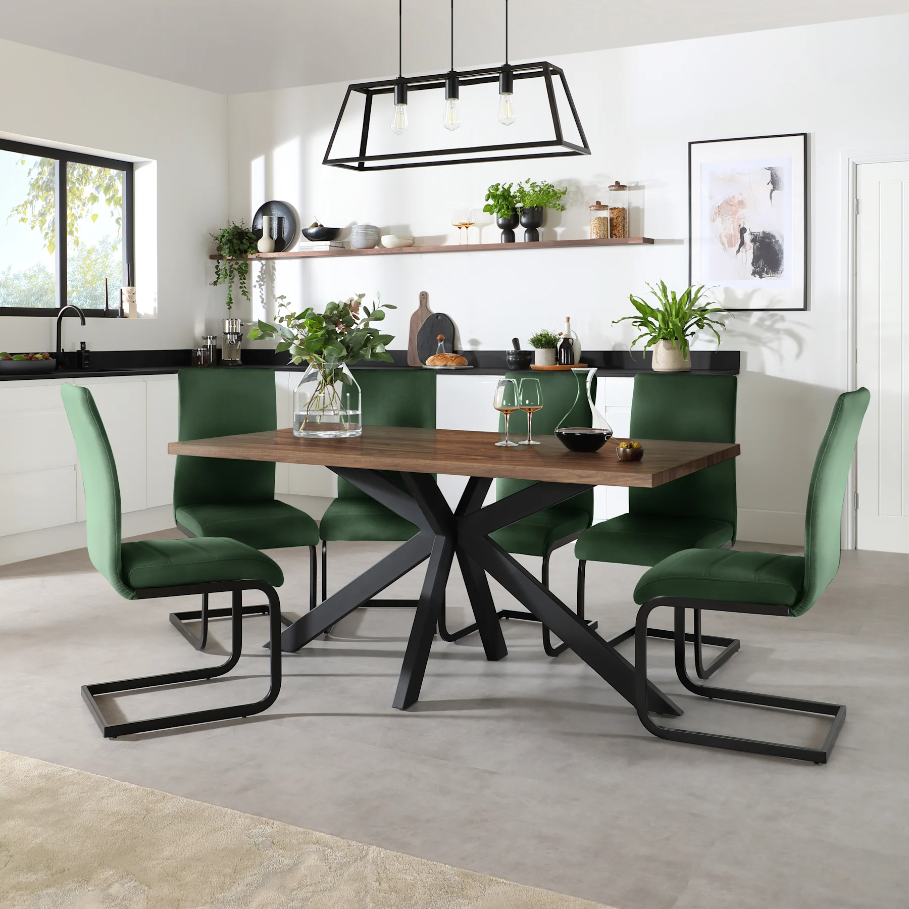 Madison Industrial Dining Table & 6 Perth Chairs, Walnut Effect & Black Steel, Moss Green Classic Velvet, 160cm