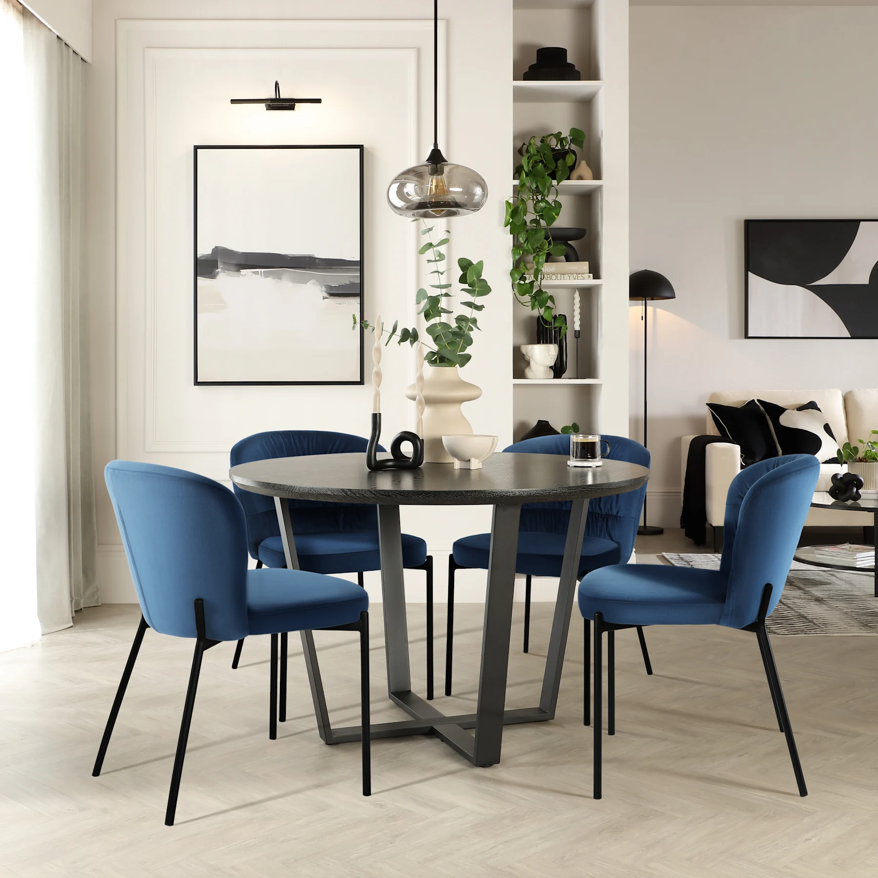 Traviso Round Dining Table & 2 Gianna Chairs, Black Oak Effect & Black Steel, Blue Classic Velvet, 120cm