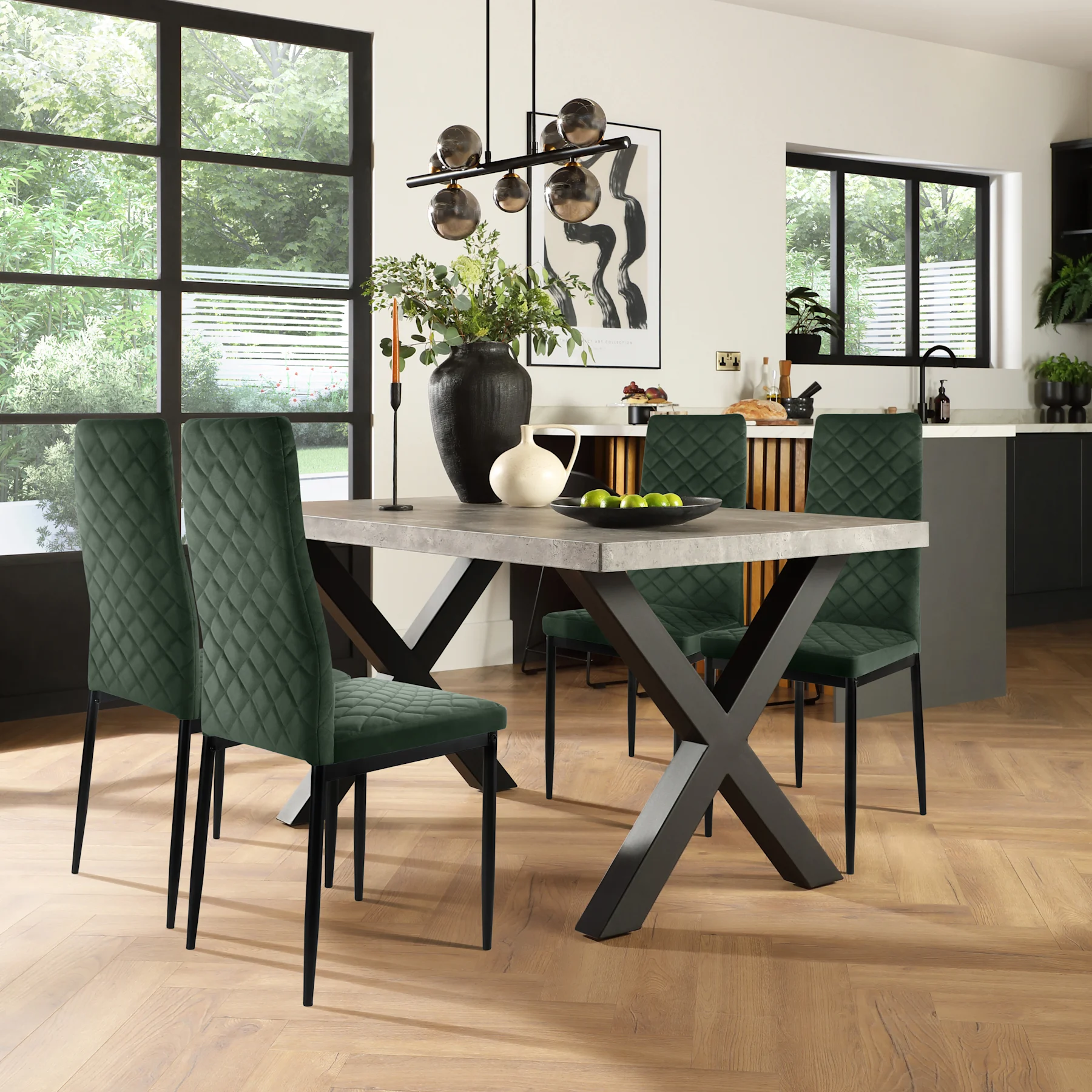 Franklin Industrial Dining Table & 4 Renzo  Chairs, Grey Concrete Effect & Black Steel, Moss Green Classic Velvet, 150cm