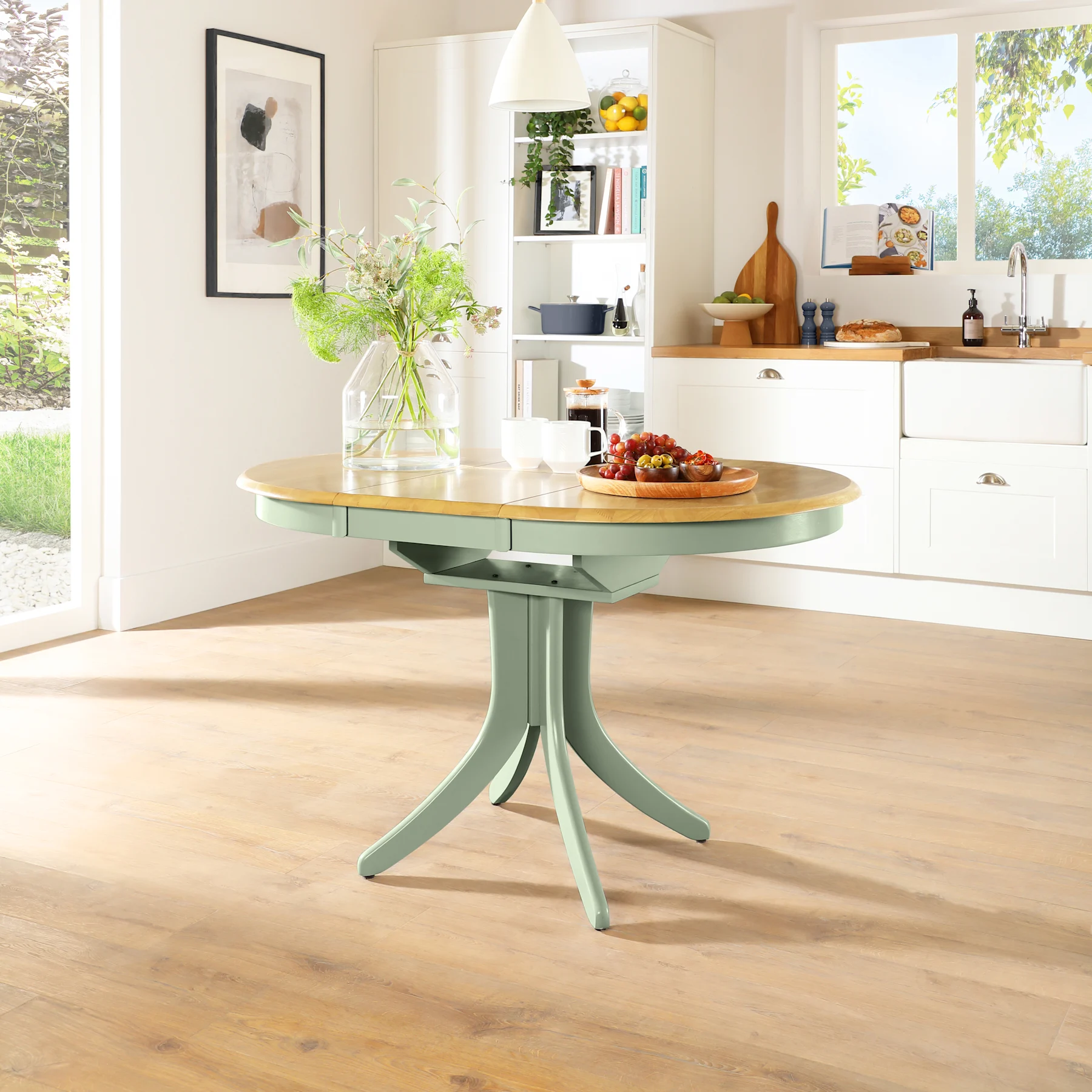Hudson Round Extending Dining Table, 90-120cm, Natural Oak Finish & Sage Green Solid Hardwood