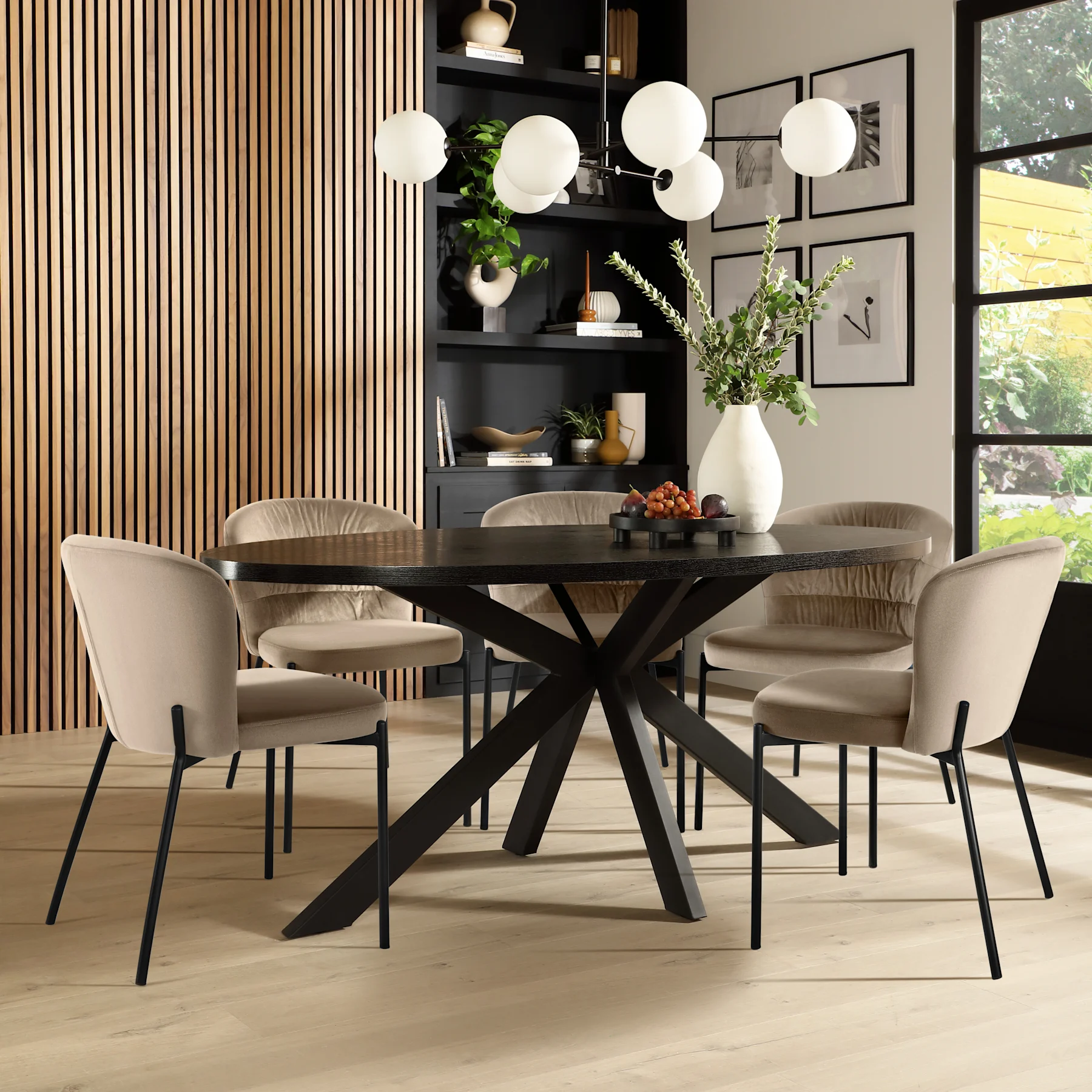 Madison Oval Dining Table & 6 Gianna Chairs, Black Oak Effect & Black Steel, Champagne Classic Velvet, 180cm