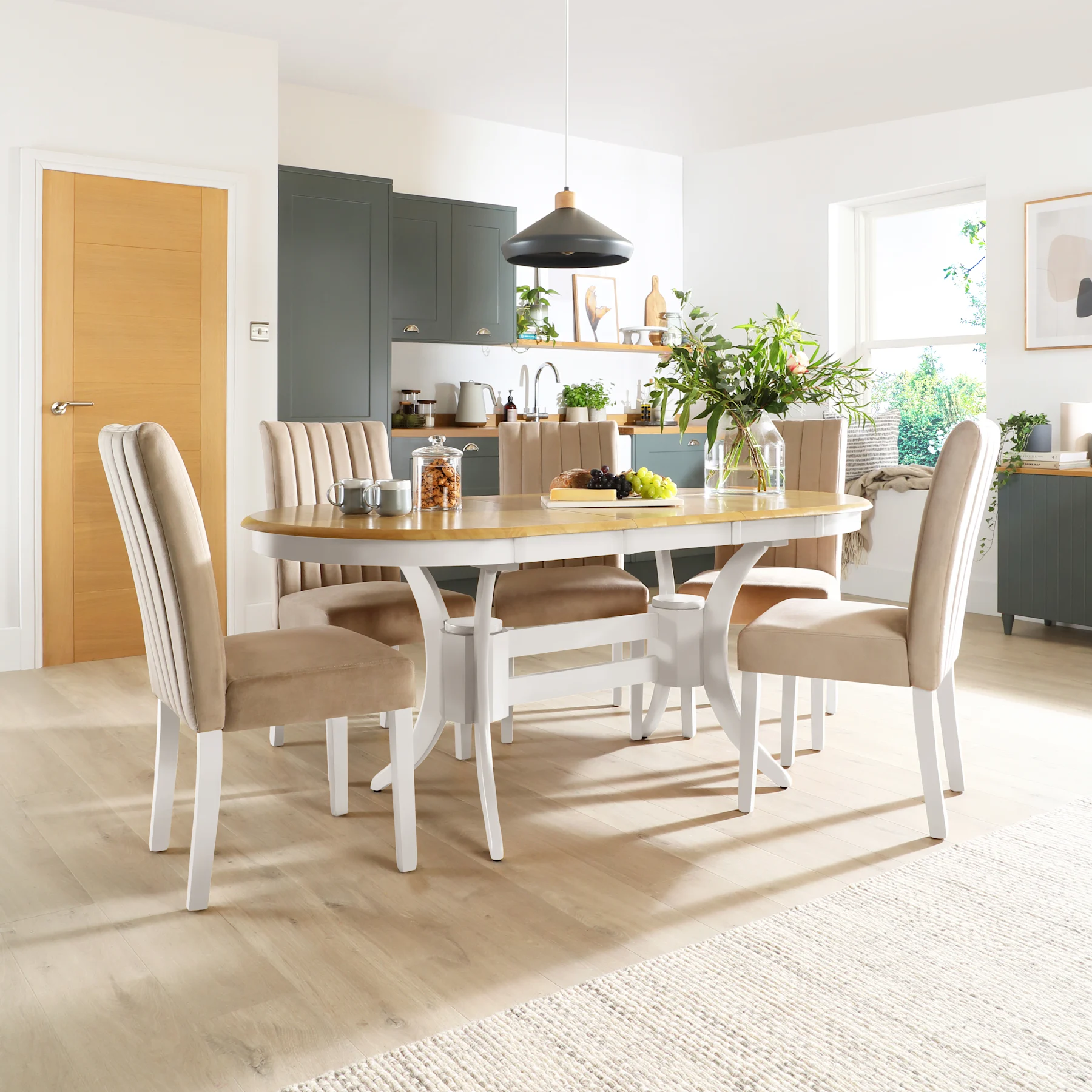 Townhouse Oval Extending Dining Table & 6 Salisbury Chairs, Natural Oak Finish & White Solid Hardwood, Champagne Classic Velvet, 150-180cm