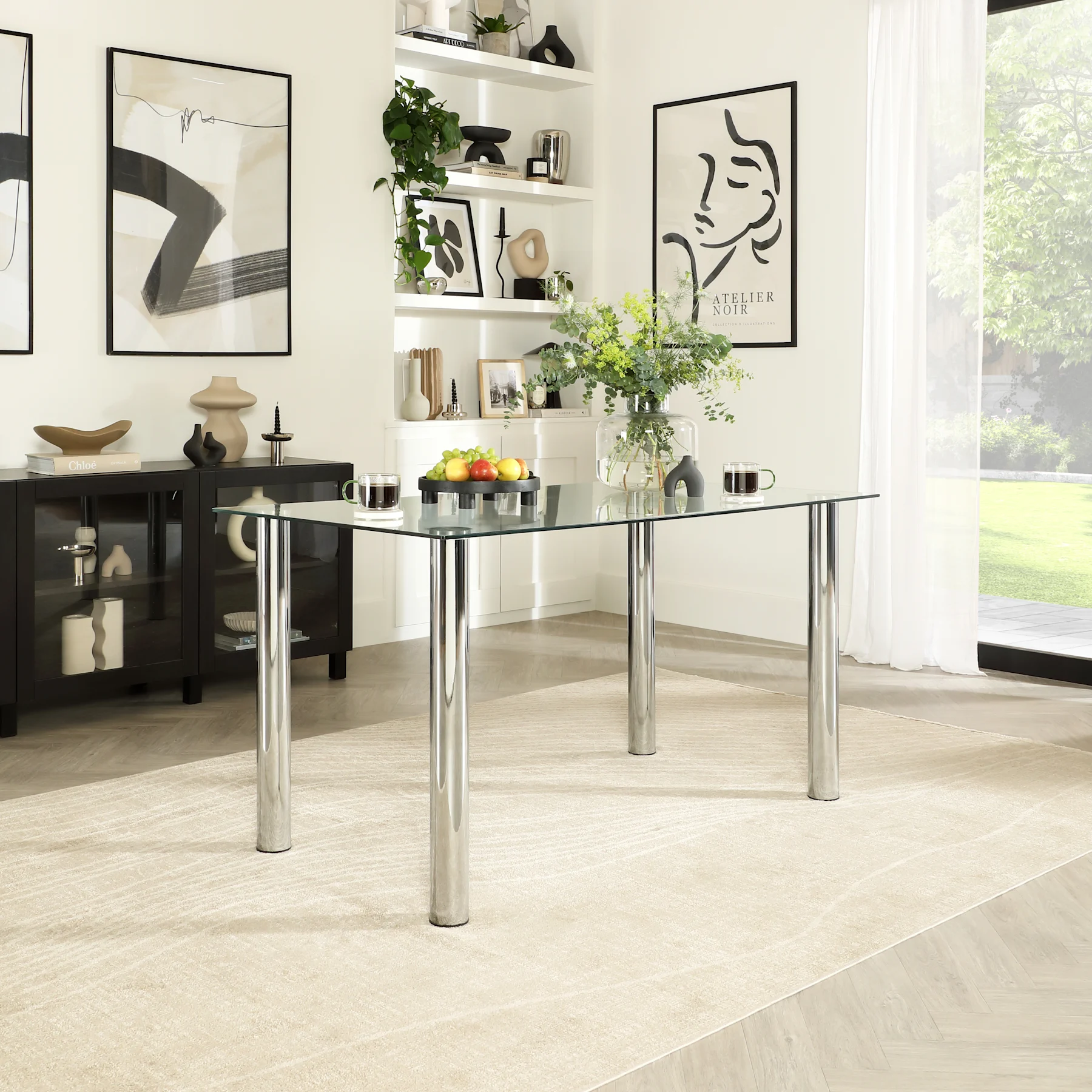 Lunar Dining Table, 140cm, Glass & Chrome