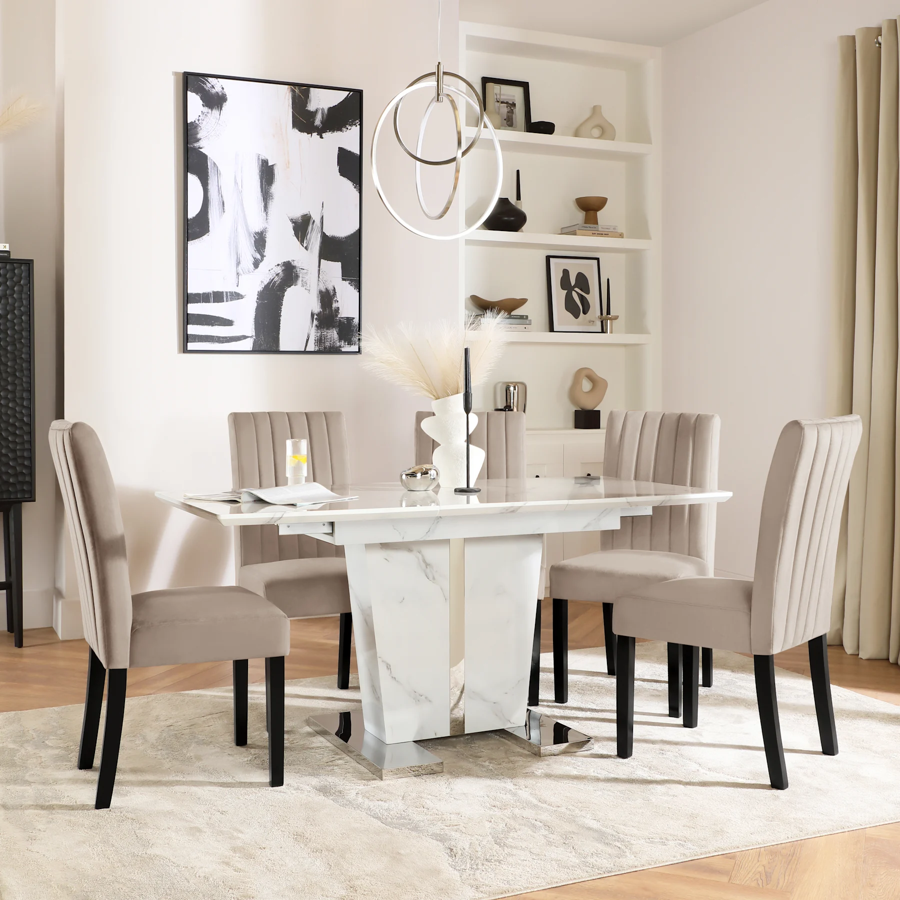 Vienna Extending Dining Table & 4 Salisbury Chairs, White Marble Effect, Beige Classic Plush Fabric & Black Solid Hardwood, 120-160cm