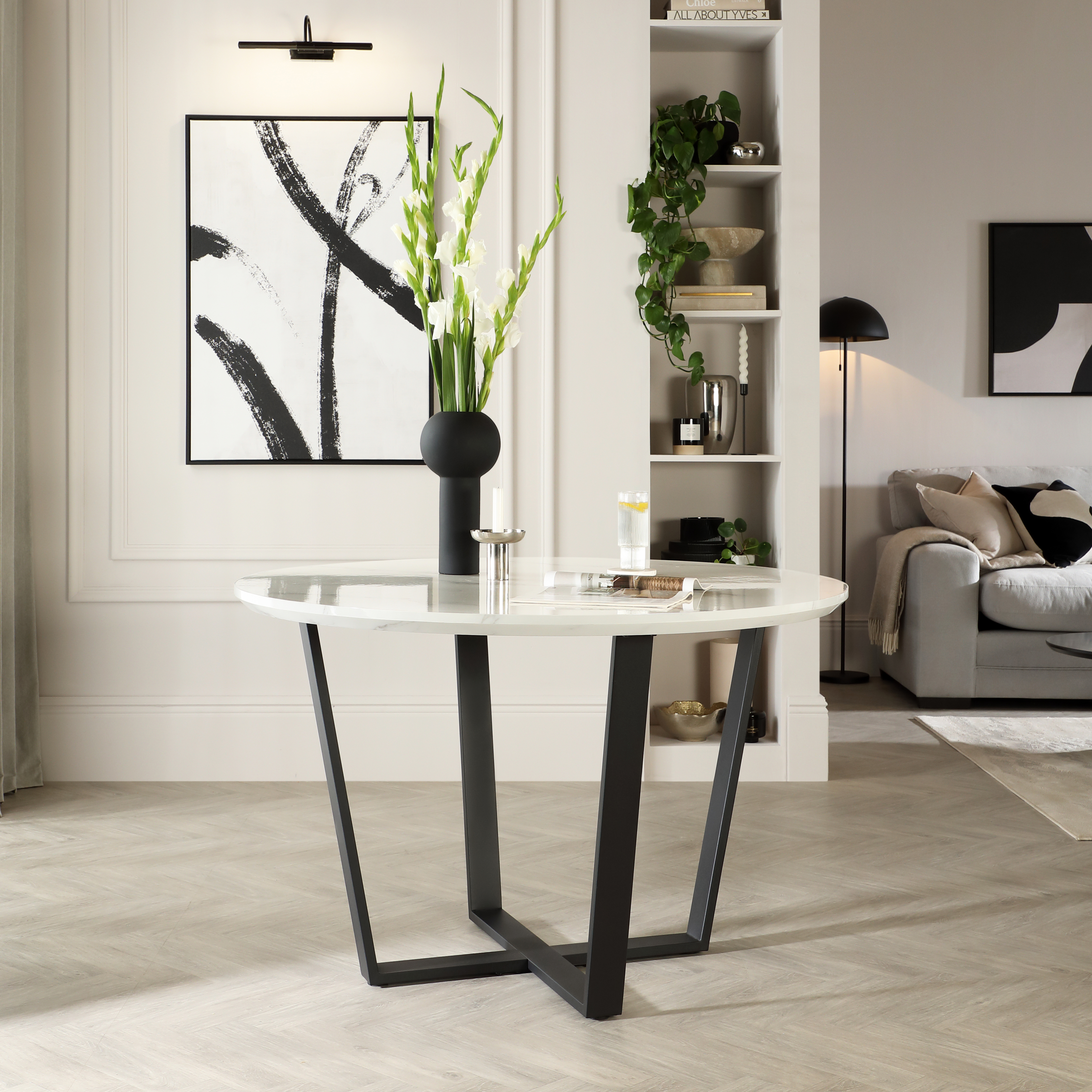 Traviso Round Dining Table, 120cm, White Marble Effect & Black Steel ...