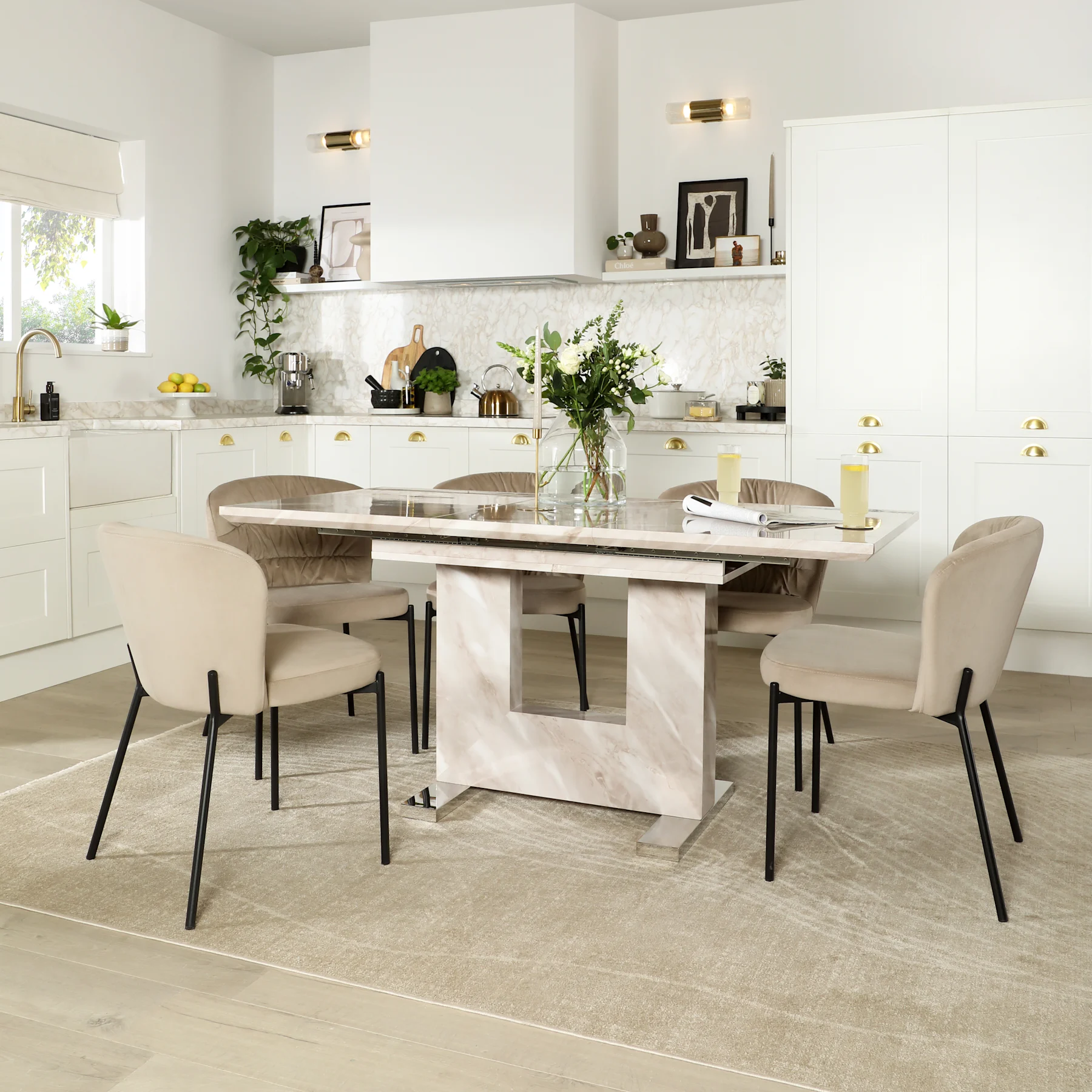 Florence Extending Dining Table & 4 Gianna Chairs, Beige Marble Effect, Champagne Classic Velvet & Black Steel, 120-160cm
