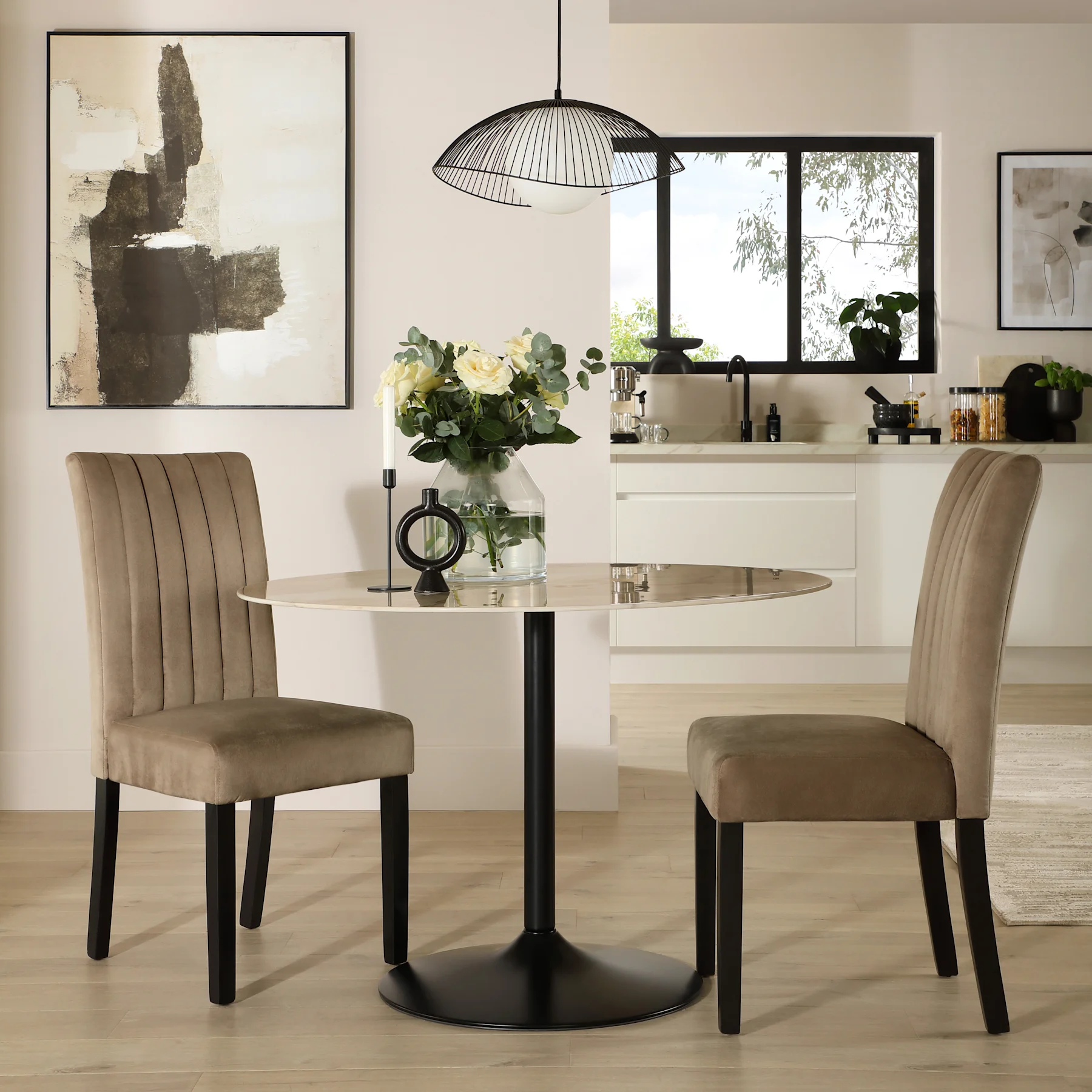 Orbit Round Dining Table & 2 Salisbury Chairs, Beige Marble Effect & Black Steel, Beige Classic Velvet & Black Solid Hardwood, 110cm