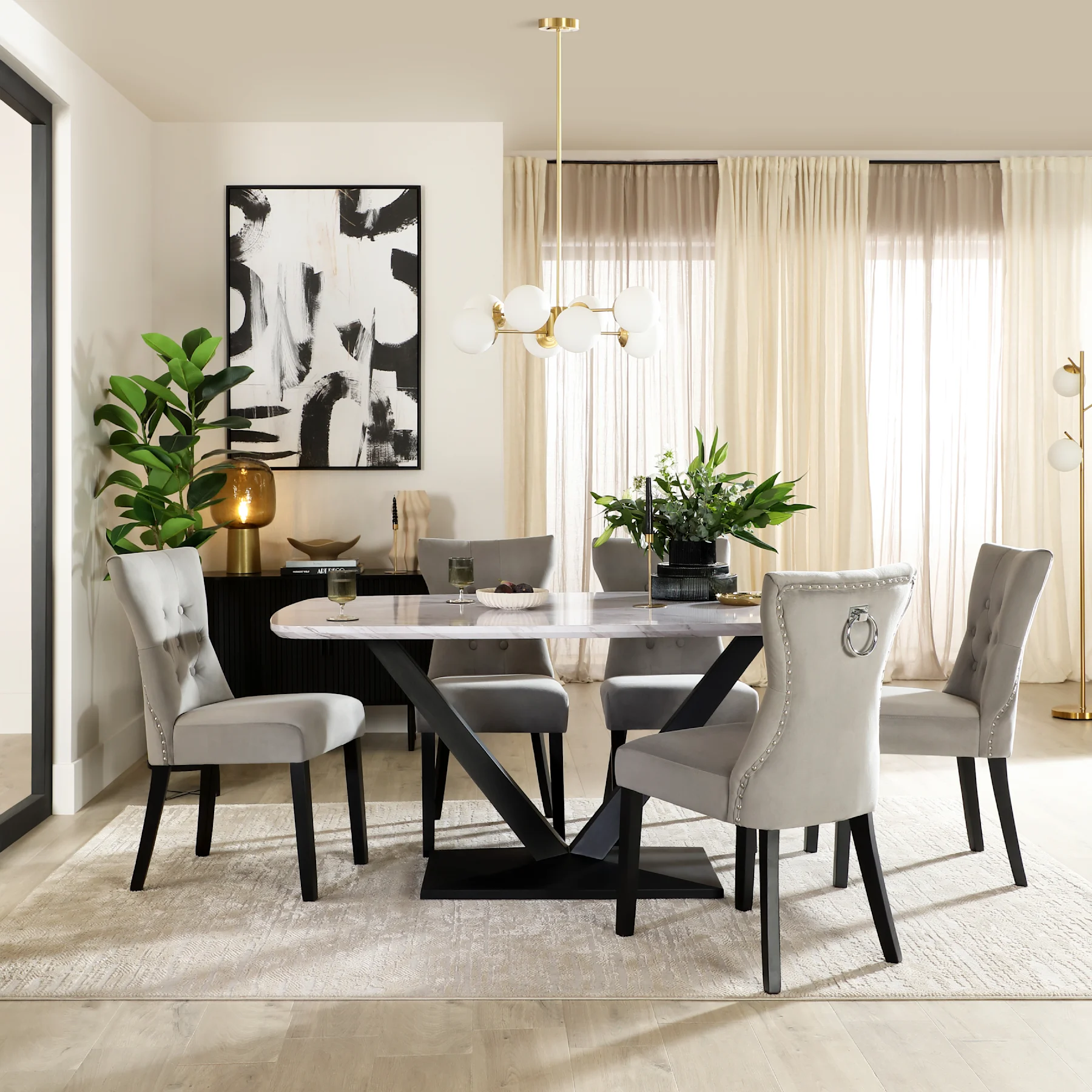Avanta Dining Table & 4 Kensington Dining Chairs, Grey Marble Effect & Black Steel, Grey Classic Velvet & Black Solid Hardwood, 160cm