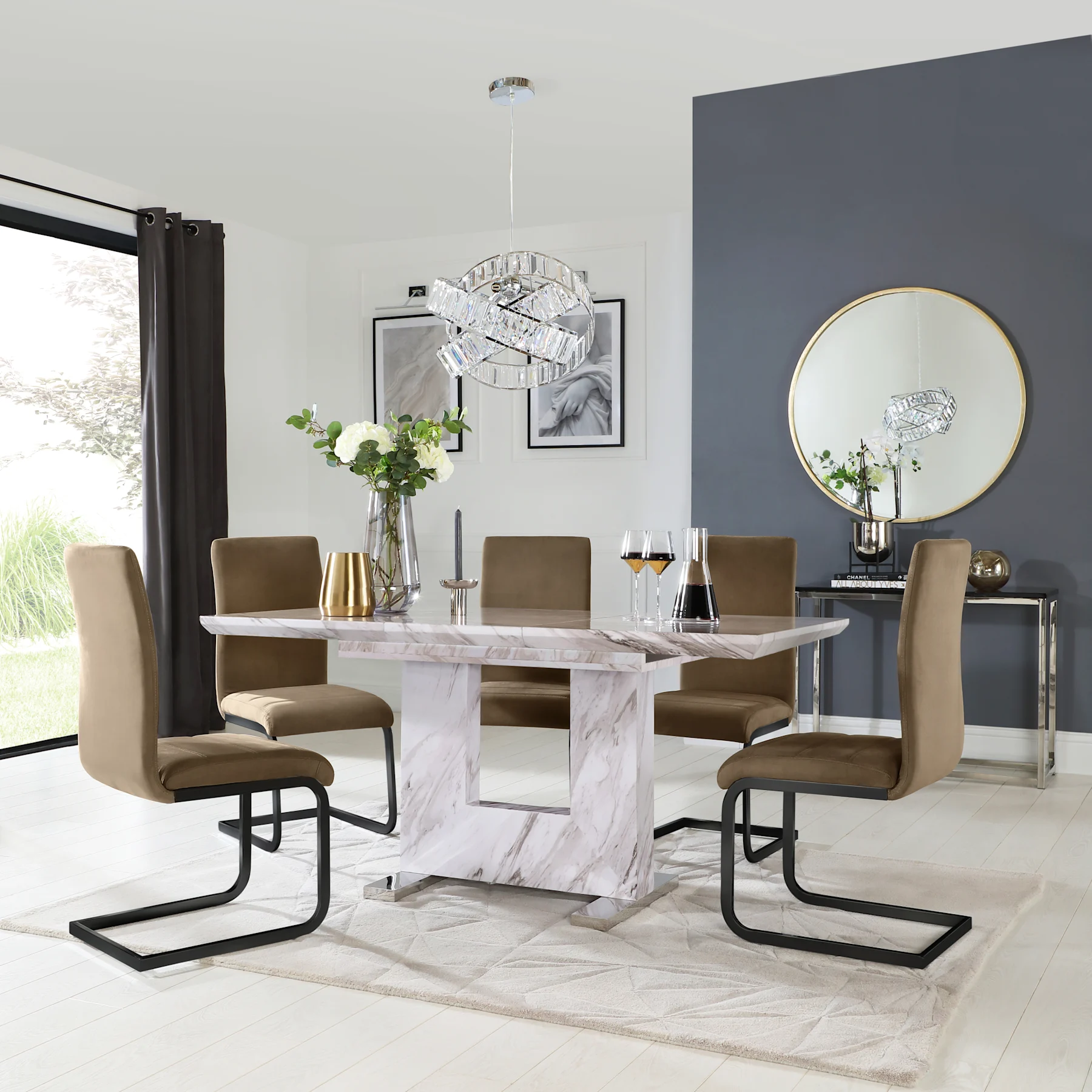 Florence Extending Dining Table & 6 Perth Chairs, Grey Marble Effect, Beige Classic Velvet & Black Steel, 120-160cm