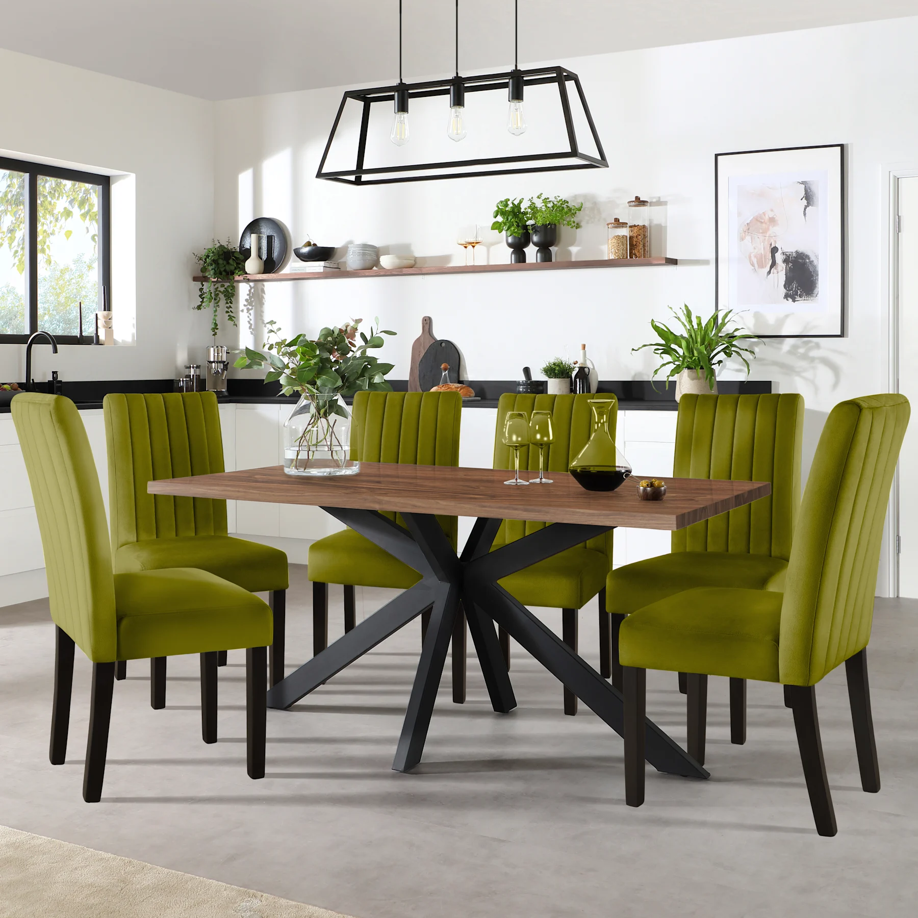 Madison Industrial Dining Table & 4 Salisbury Chairs, Walnut Effect & Black Steel, Olive Green Classic Velvet & Black Solid Hardwood, 160cm