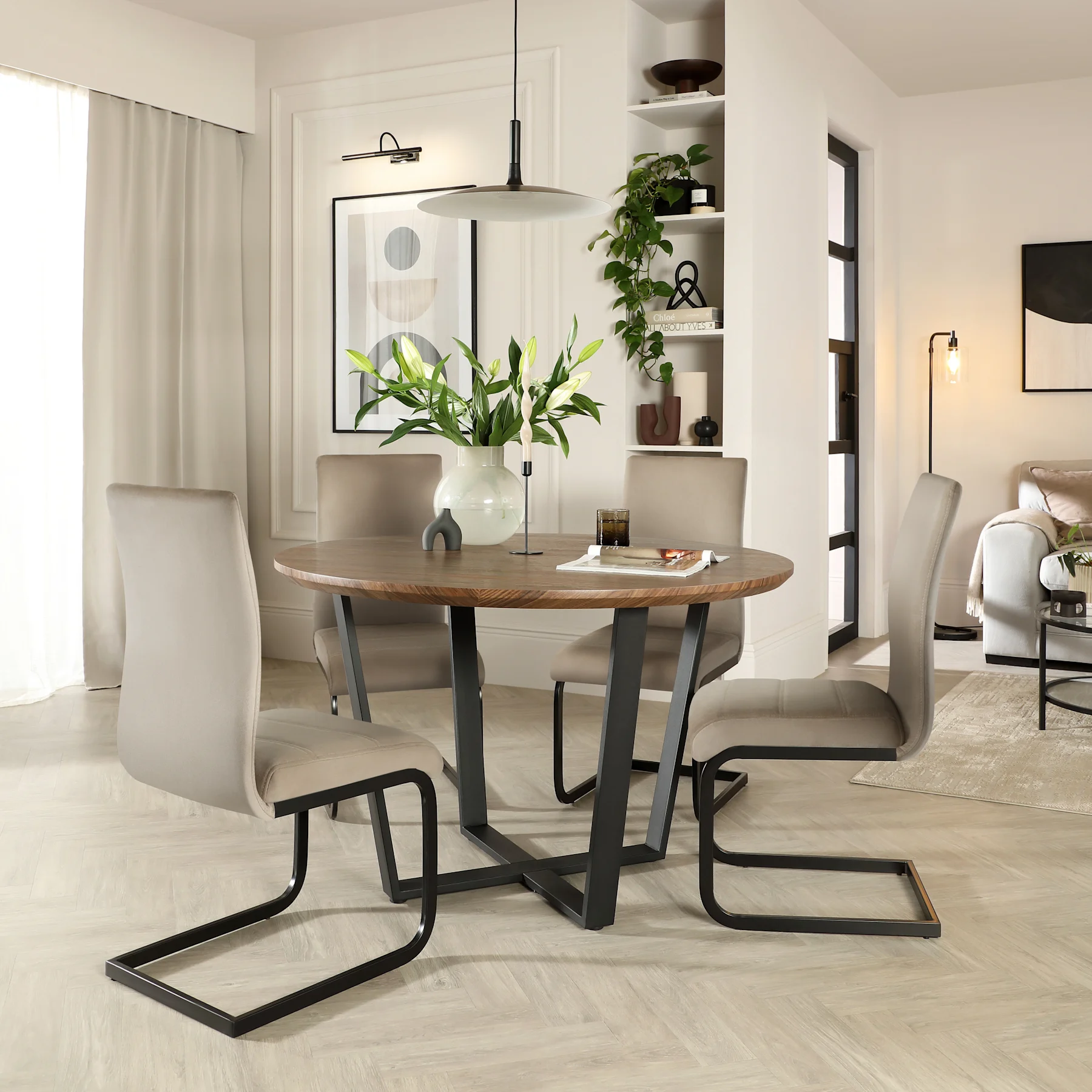 Traviso Round Industrial Dining Table & 4 Perth Chairs, Walnut Effect & Black Steel, Champagne Classic Velvet, 120cm