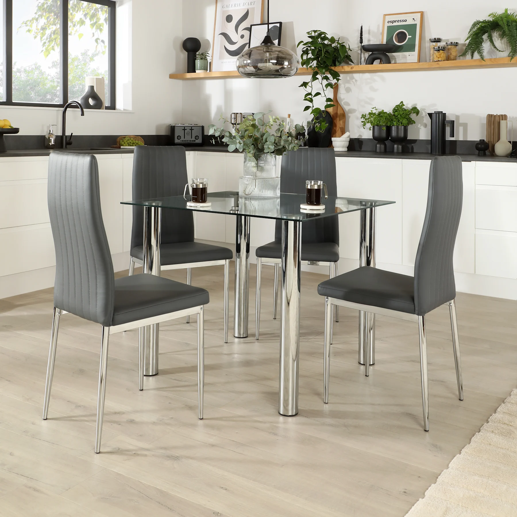Nova Square Dining Table & 4 Leon Chairs, Glass & Chrome, Grey Premium Faux Leather, 90cm