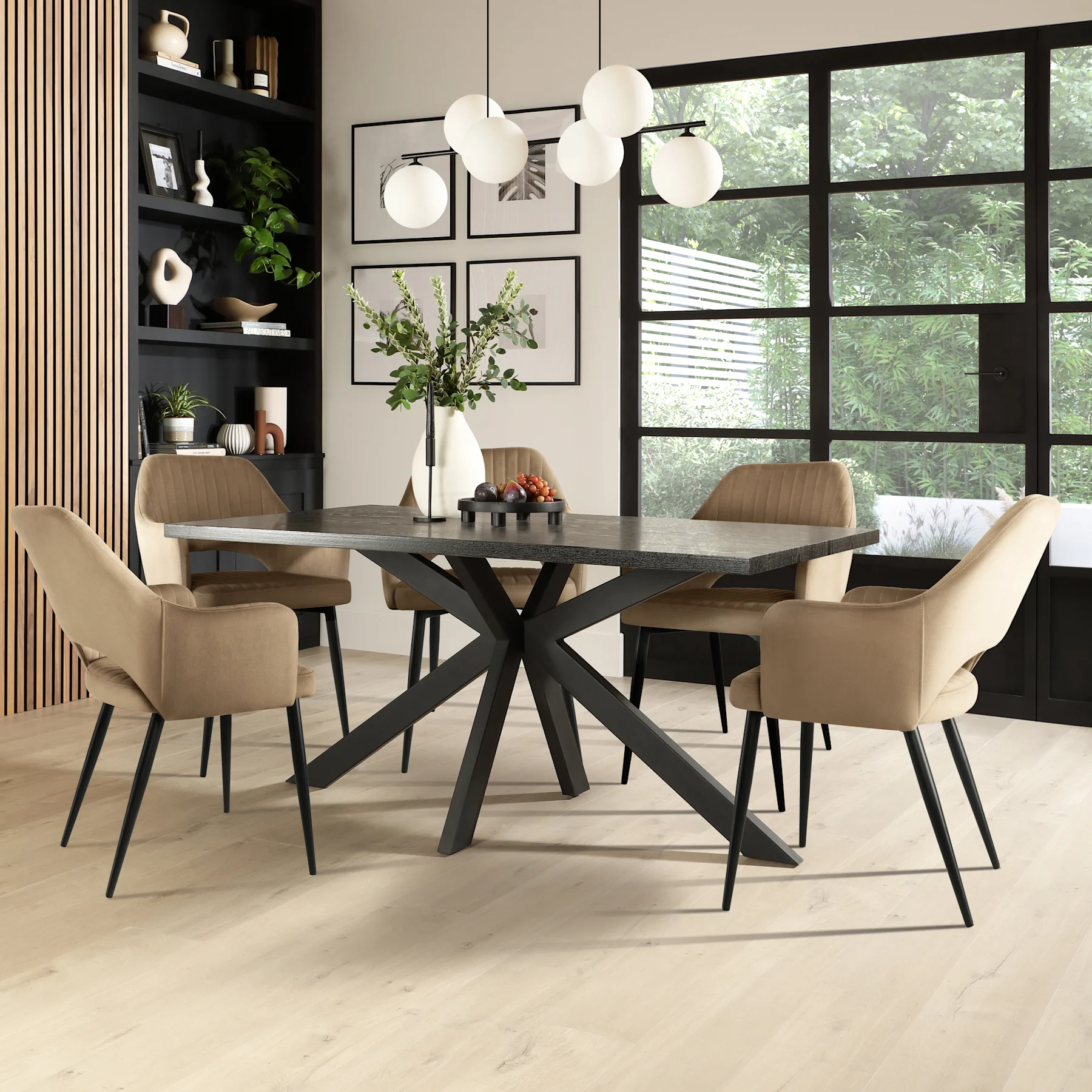 Madison Dining Table & 6 Clara Chairs, Black Oak Effect & Black Steel, Beige Classic Velvet, 160cm