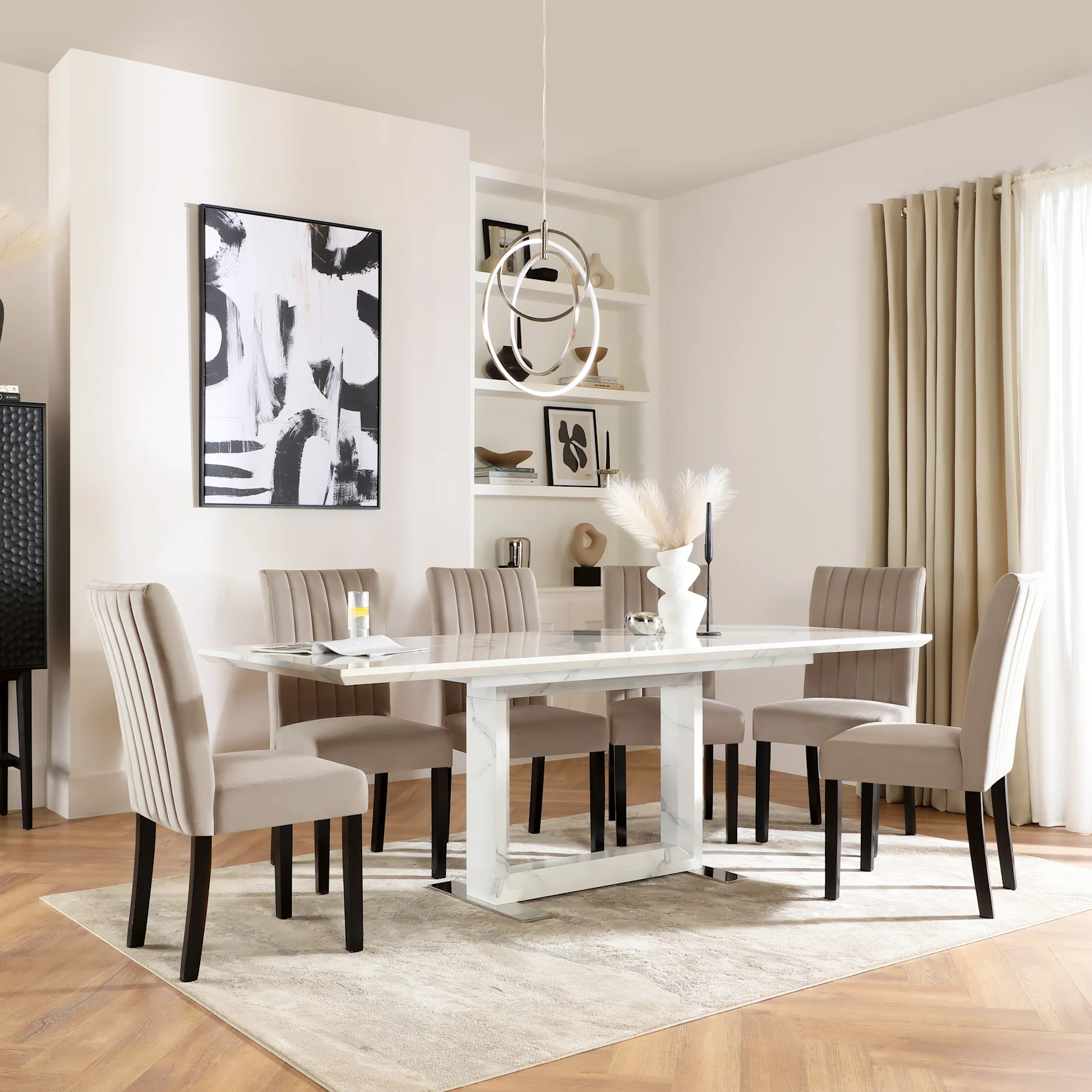Tokyo Extending Dining Table & 8 Salisbury Chairs, White Marble Effect, Beige Classic Plush Fabric & Black Solid Hardwood, 160-220cm