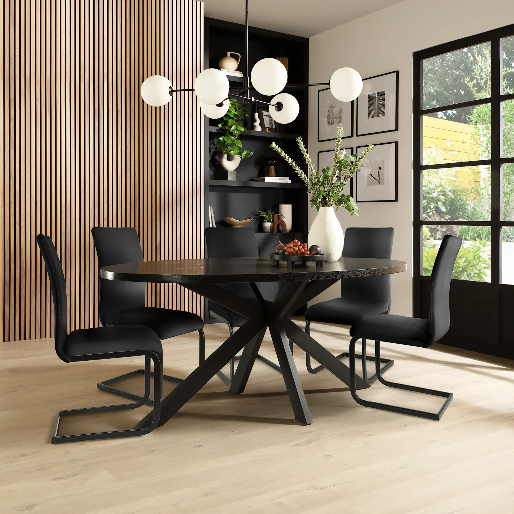 Madison Oval Dining Table & 6 Perth Chairs, Black Oak Effect & Black Steel, Black Classic Velvet, 180cm