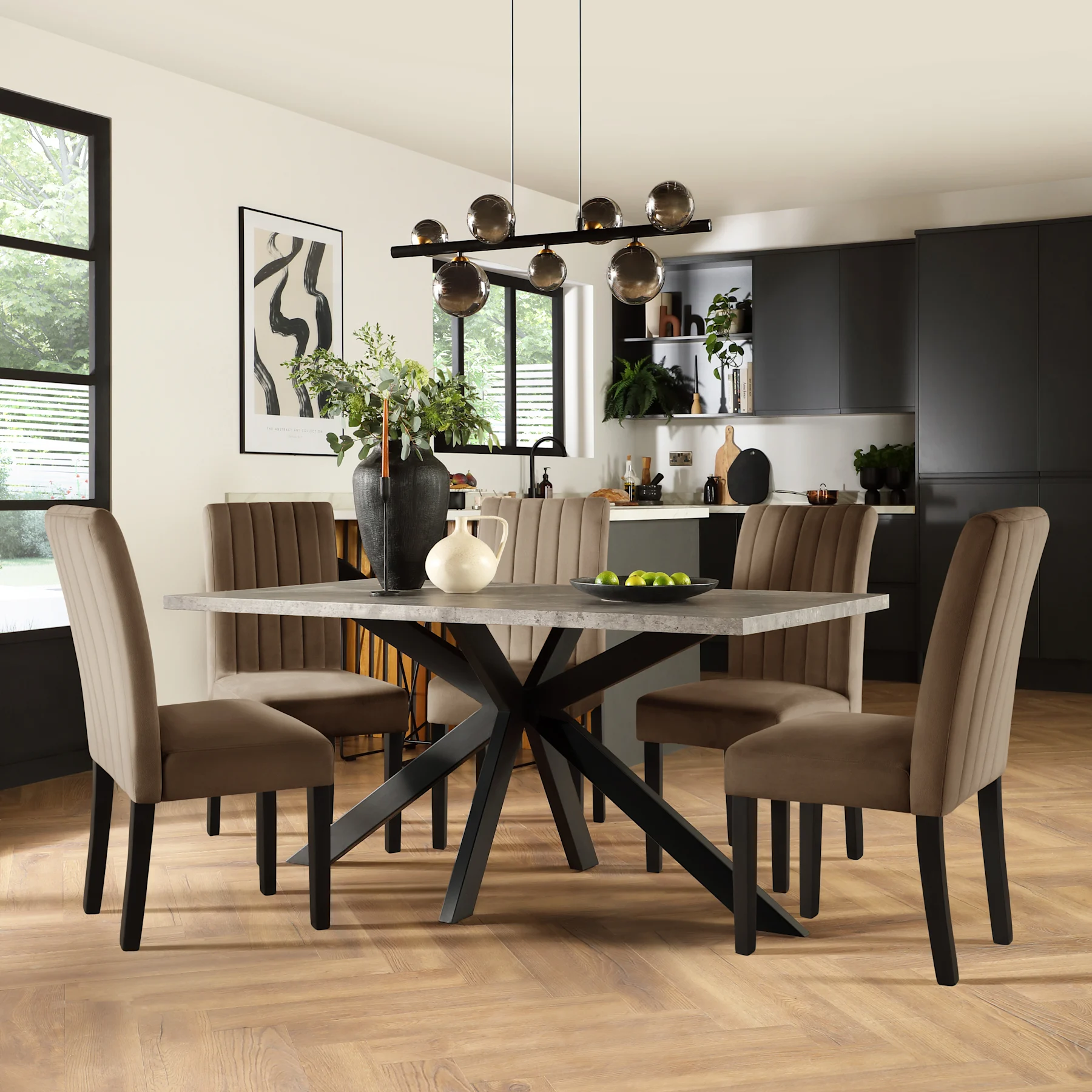 Madison Industrial Dining Table & 4 Salisbury Chairs, Grey Concrete Effect & Black Steel, Beige Classic Velvet & Black Solid Hardwood, 160cm