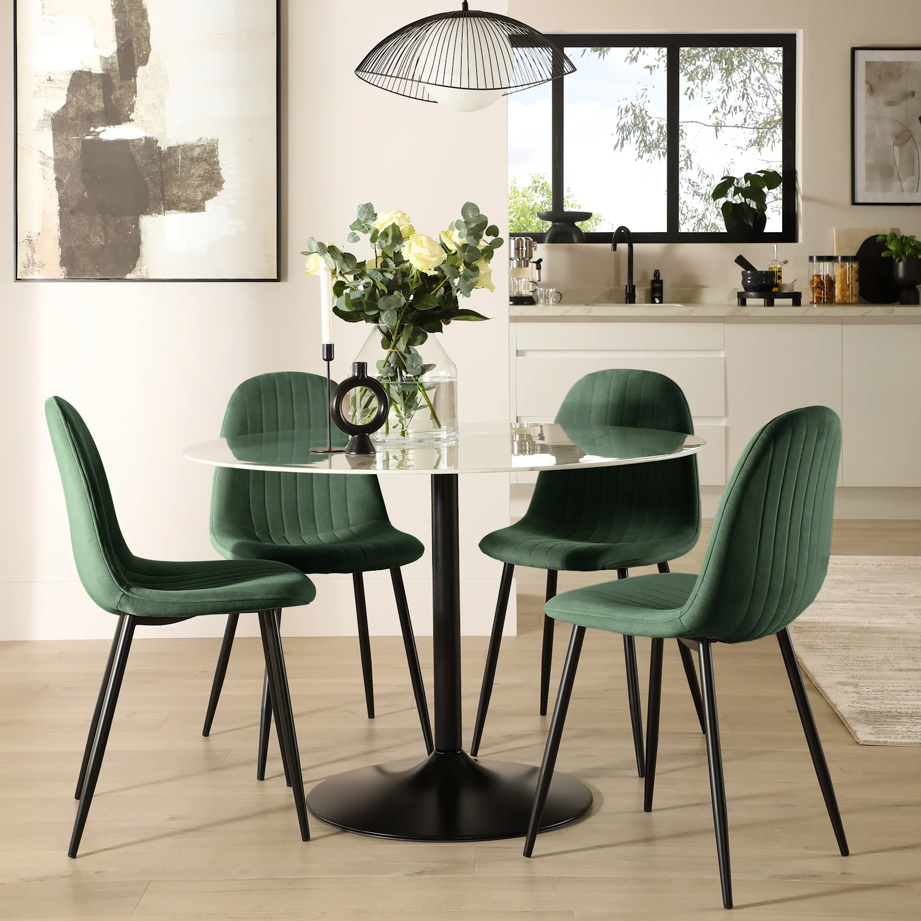 Orbit Round Dining Table & 4 Brooklyn Chairs, White Marble Effect & Black Steel, Moss Green Classic Velvet, 110cm